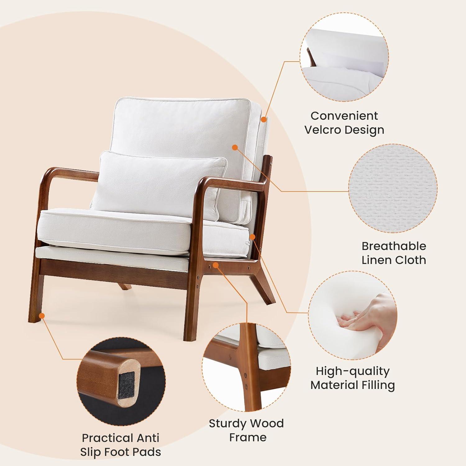 Beige Linen Upholstered Mid-Century Modern Accent Chair with Pillow