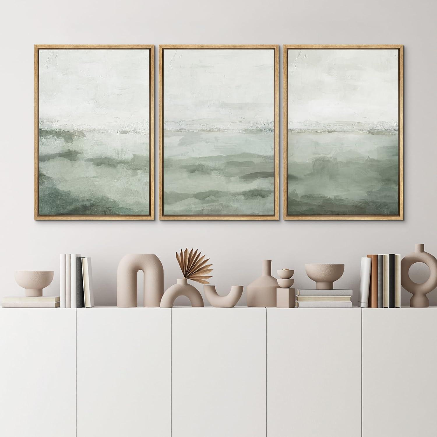 Sage Green Abstract Landscape Modern Organic Minimal Bedroom Framed Canvas Print 3 Pieces Wall Art