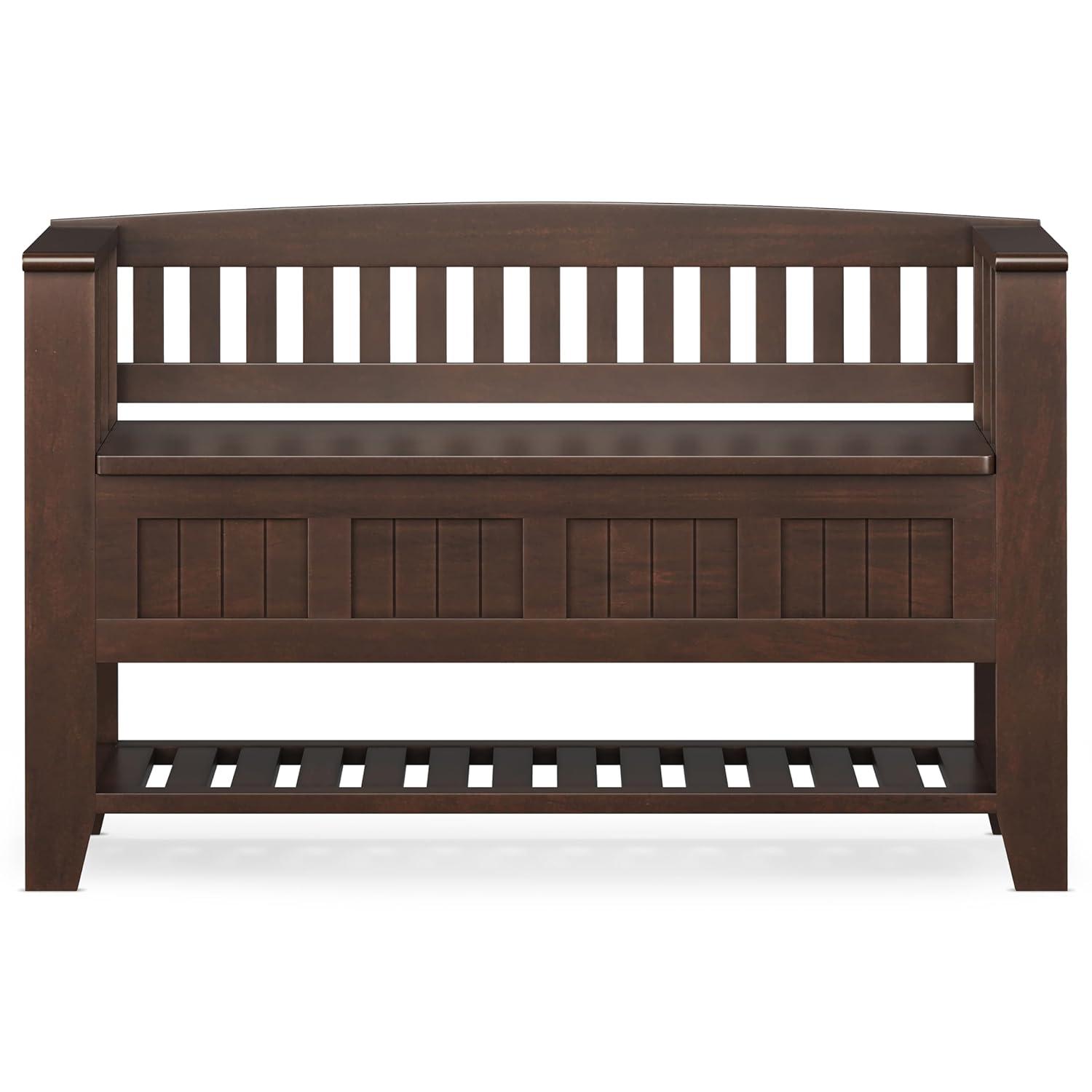 SIMPLIHOME Acadian Entryway Storage Bench - 48 inch Wide Solid Wood Hallway Seat with Shelf in Brunette Brown, Transitional Bench for Entryway or Living Room with Open Storage and Slatted Bottom