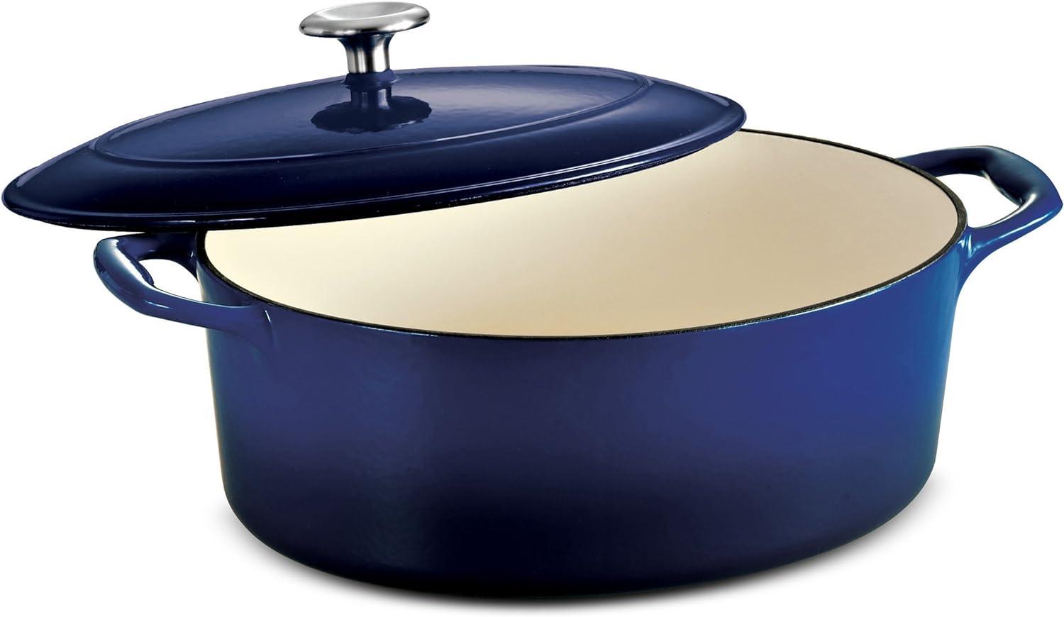 Cobalt Blue Enameled Cast Iron Oval Dutch Oven with Lid