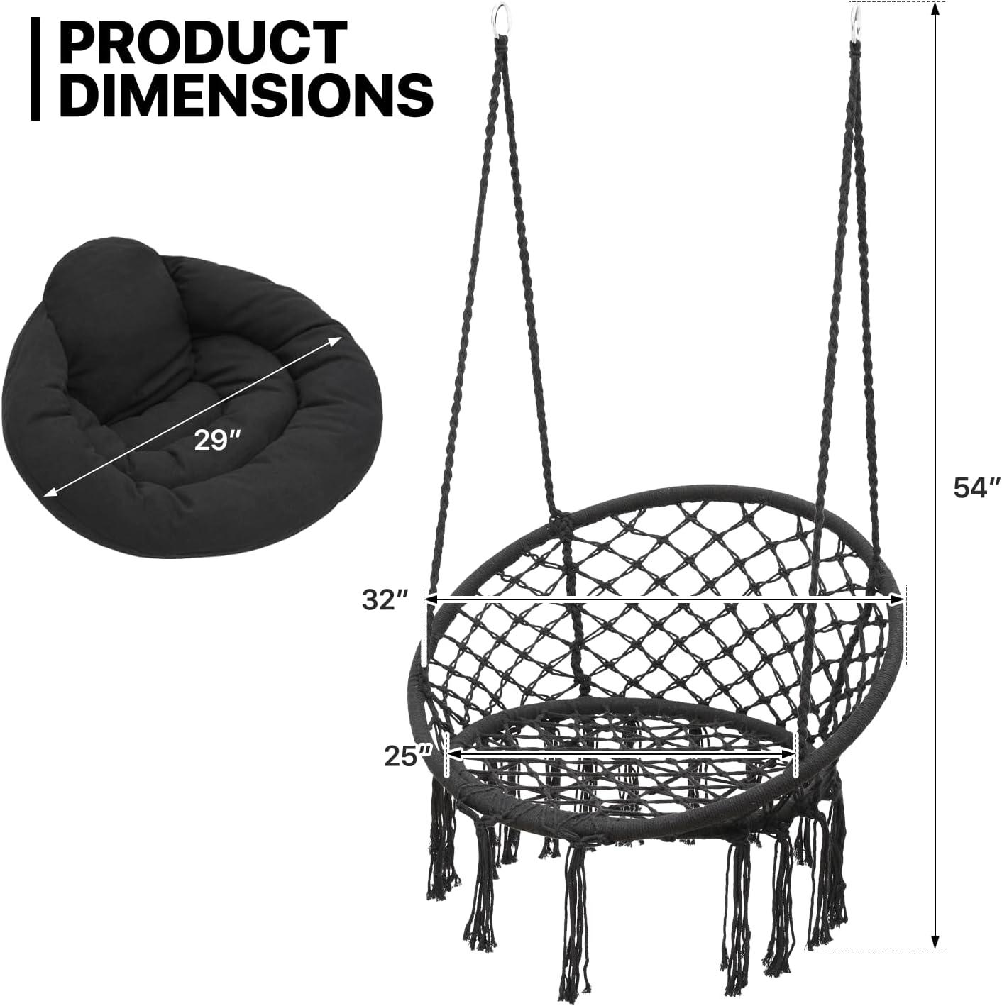 MoNiBloom Hammock Chair, Macrame Hanging Swing Chair with Padded Cushion, Max 350lbs, Hanging Cotton Rope Chair for Indoor, Outdoor, Bedroom, Patio, Porch, Garden, Black