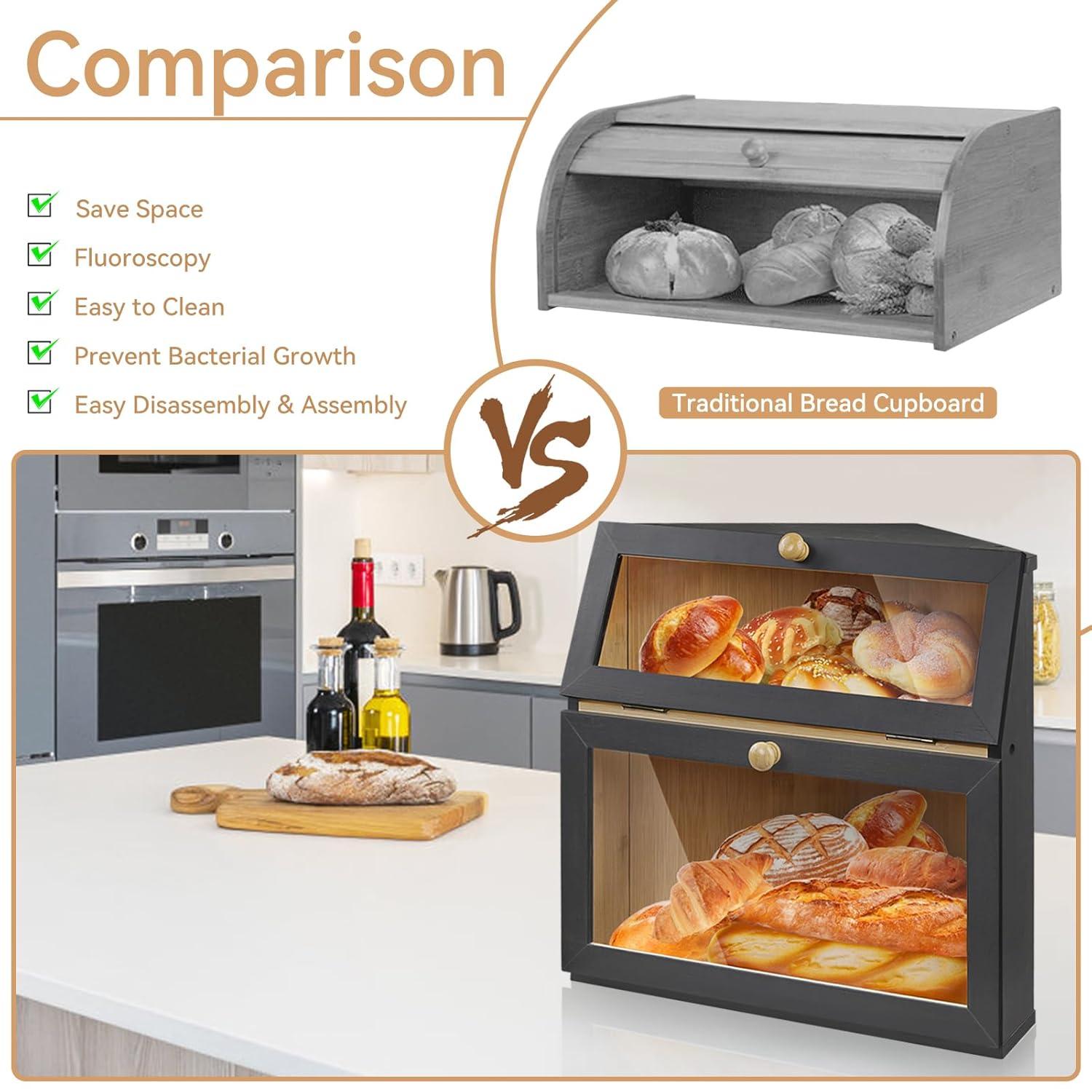 Bamboo Bread Container for Countertop, Double Layer Bread Storage with Acrylic Door Panel, Wooden Large Capacity Storage Bins for Kitchen Pantry Cupboard(Black)