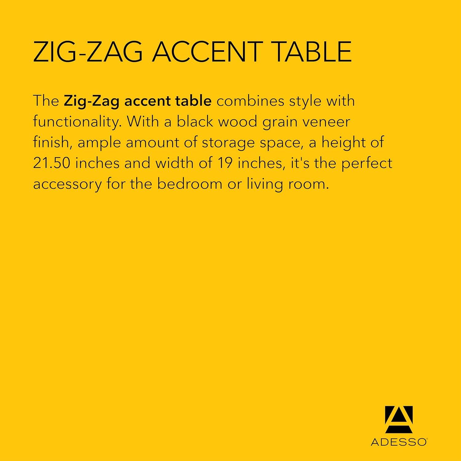 Adesso Zig Zag Accent Table Black Walnut : Mid-Century Modern, 19x12, Spot Clean, No Tools Assembly