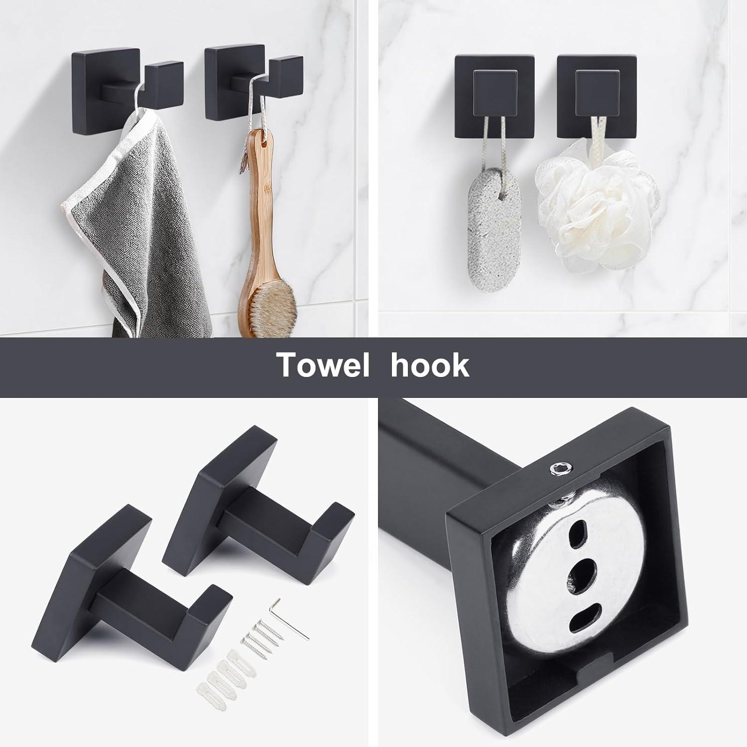 Stainless Steel Matte Black Bathroom Hardware Accessories - 5 Piece Set with 16 inch Square Towel Bar, Towel Rack & Holder