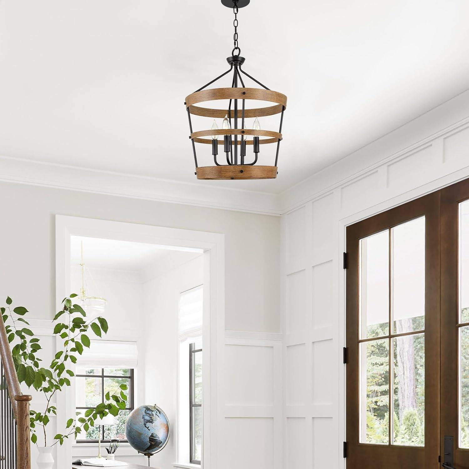 Kira Home Bowen 21" 4-Light Modern Farmhouse Pendant Chandelier, Adjustable Height, Fair Walnut Wood Style + Black