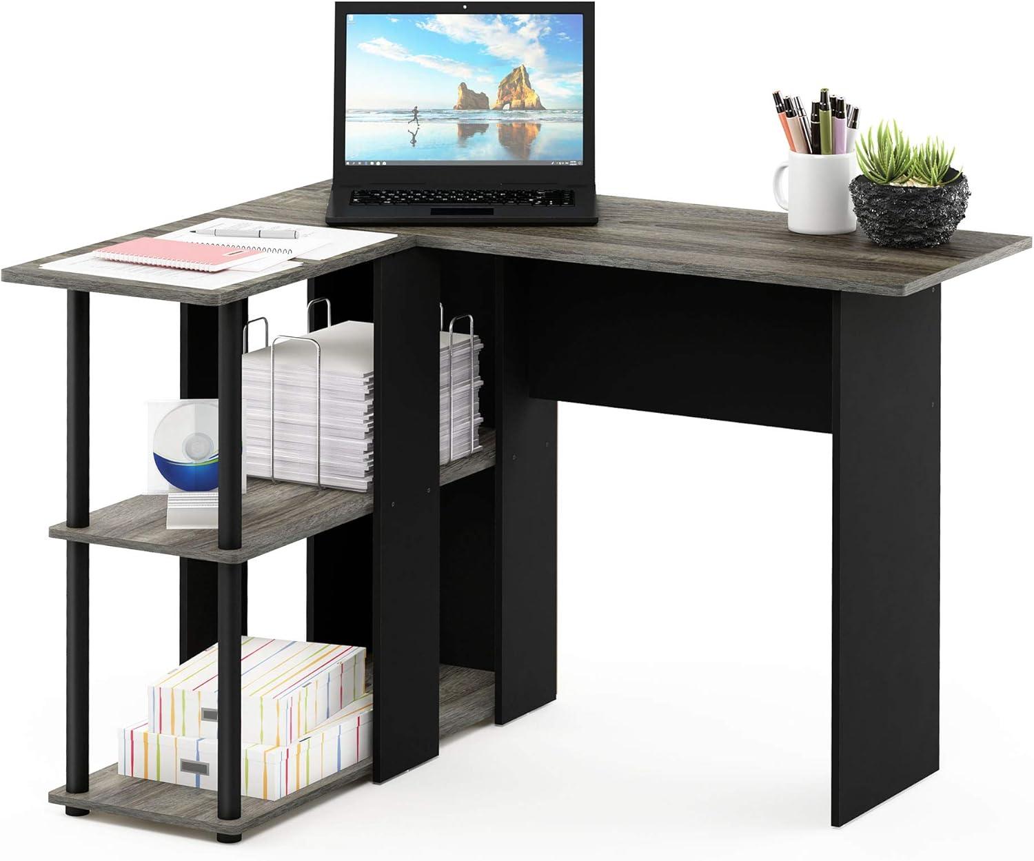 Furinno Abbott Wood L-Shape Desk with Bookshelf in French Oak Gray/Black