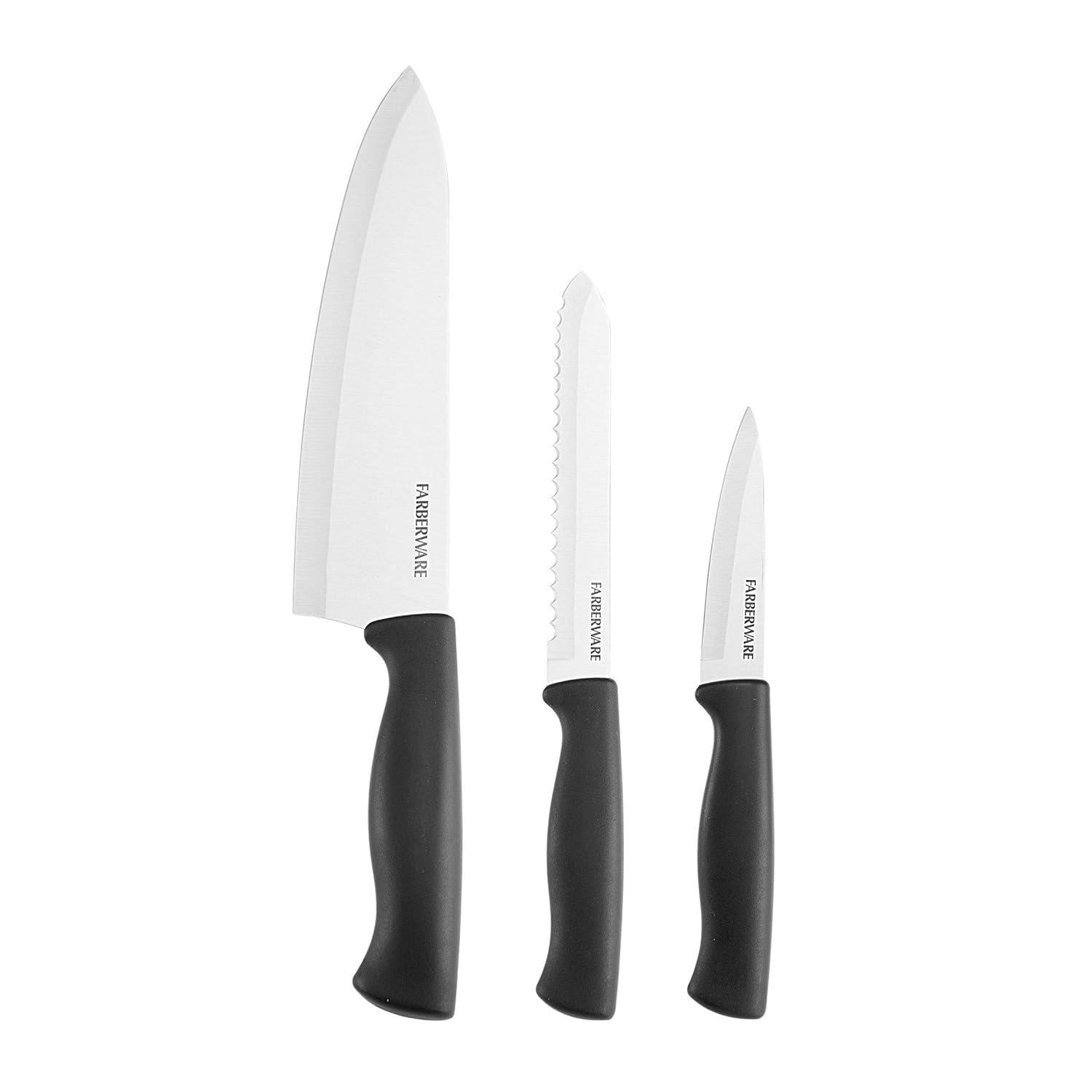 Farberware 3 Piece Chef Knife Set: Stainless Steel Kitchen Knives with Black Polypropylene Handles, Includes Paring & Utility