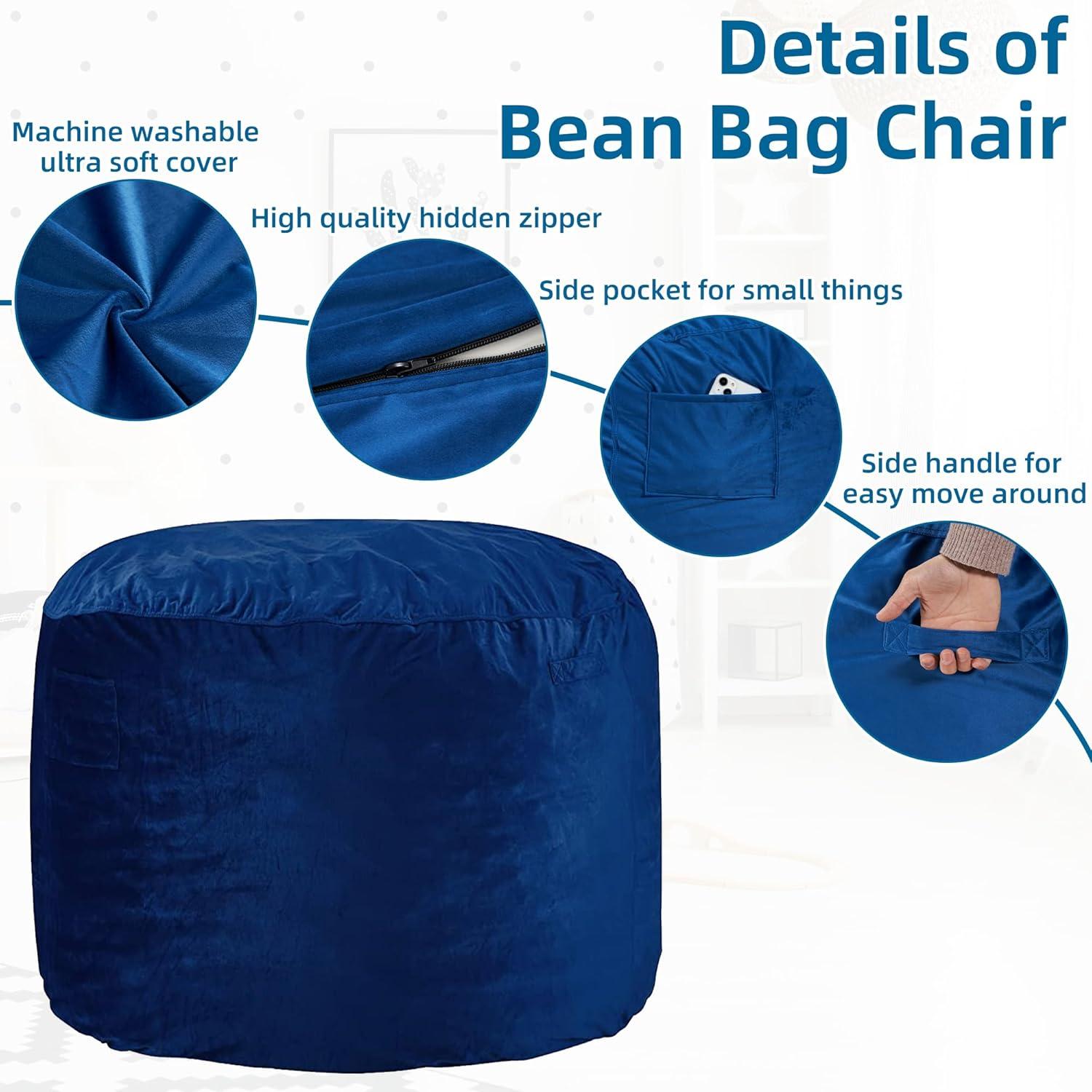 Luxurious Blue Velvet Round Bean Bag Chair with Memory Foam