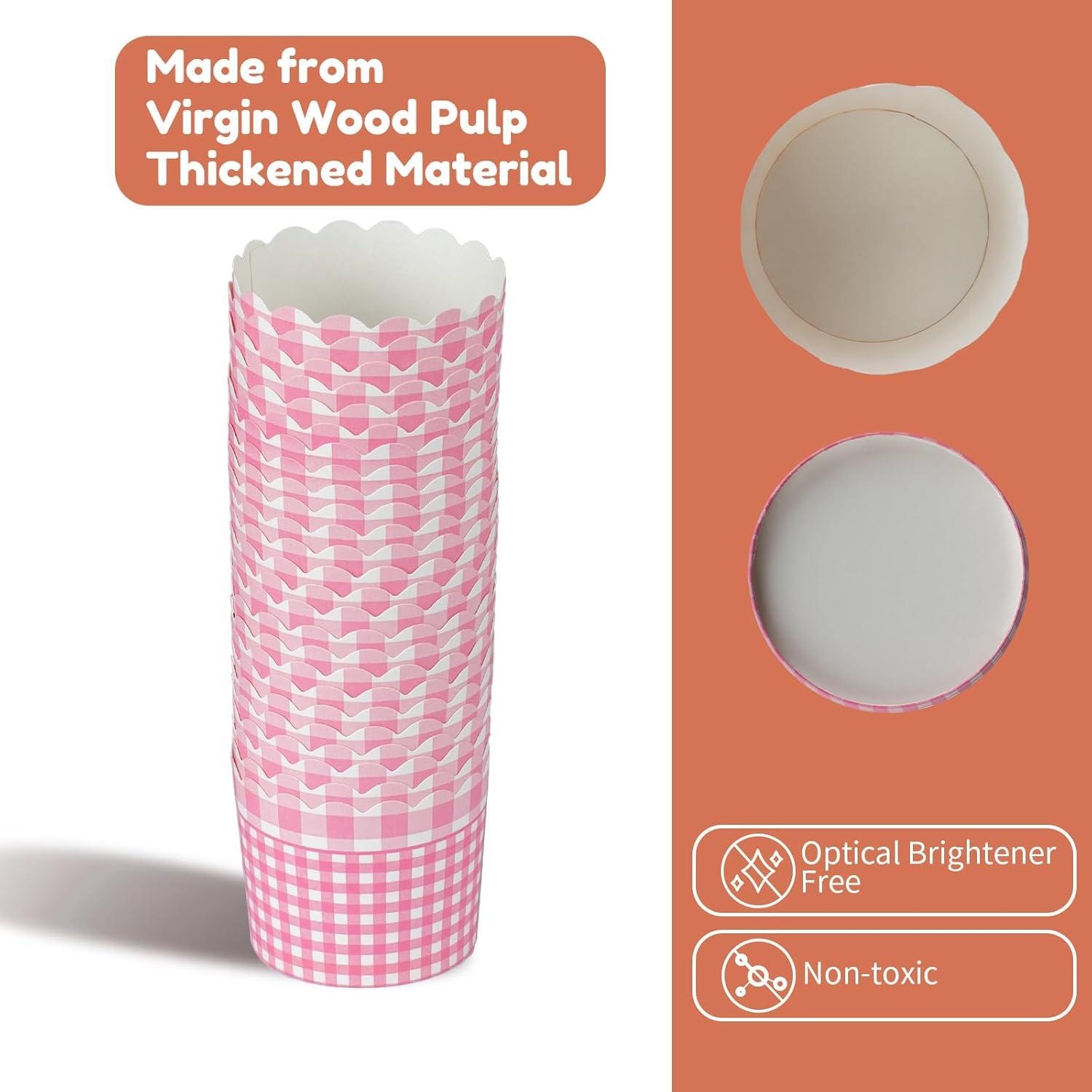 100pcs Baking Paper Cupcake & Muffin Liners - 2.4 Inches, No Baking Pan Needed, Thick & Sturdy, High Temperature & Oil Resistant, Non-stick - Pink Serie 4 Patterns, Model BK011