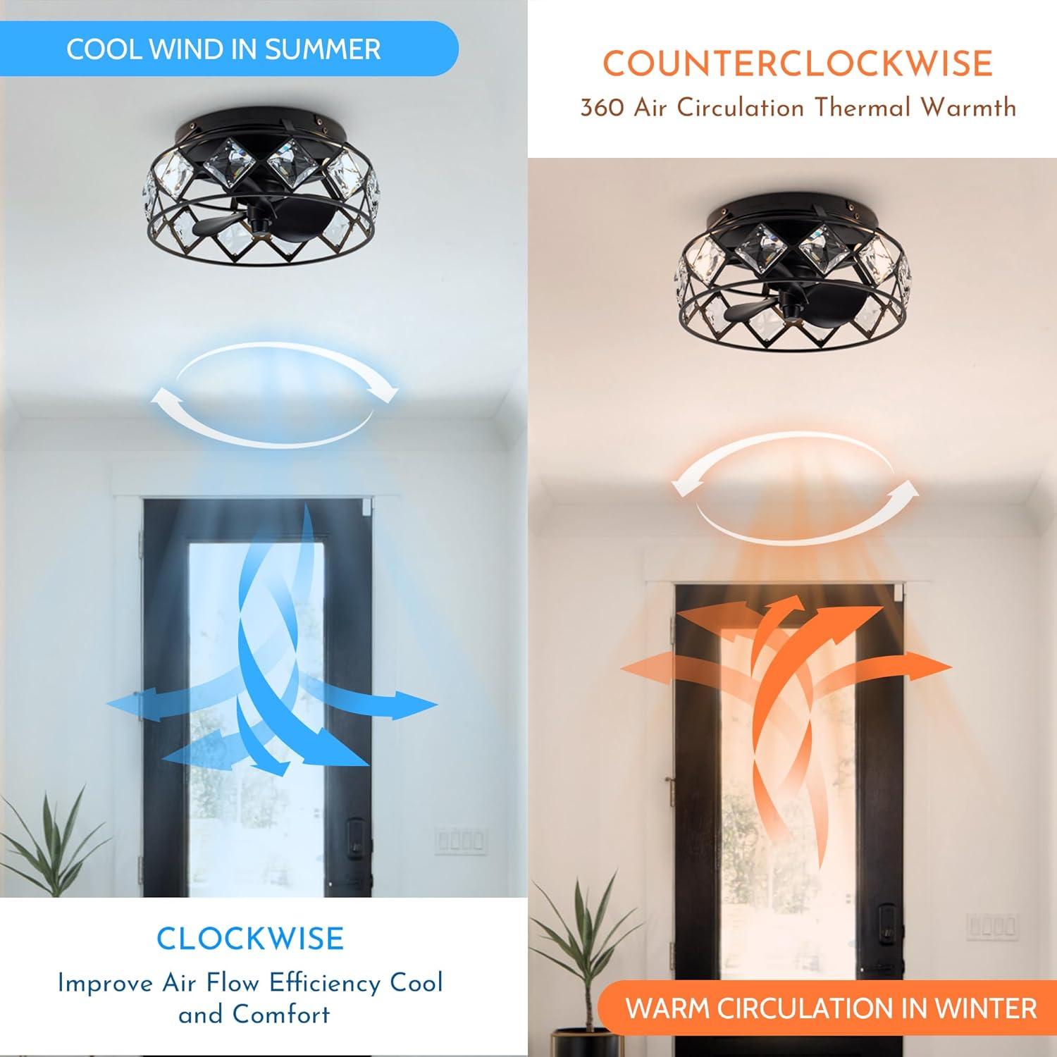 Parrot Uncle 12.2" Modern Black Fandelier 3-Light Caged Crystal Flush Mount Ceiling Fan