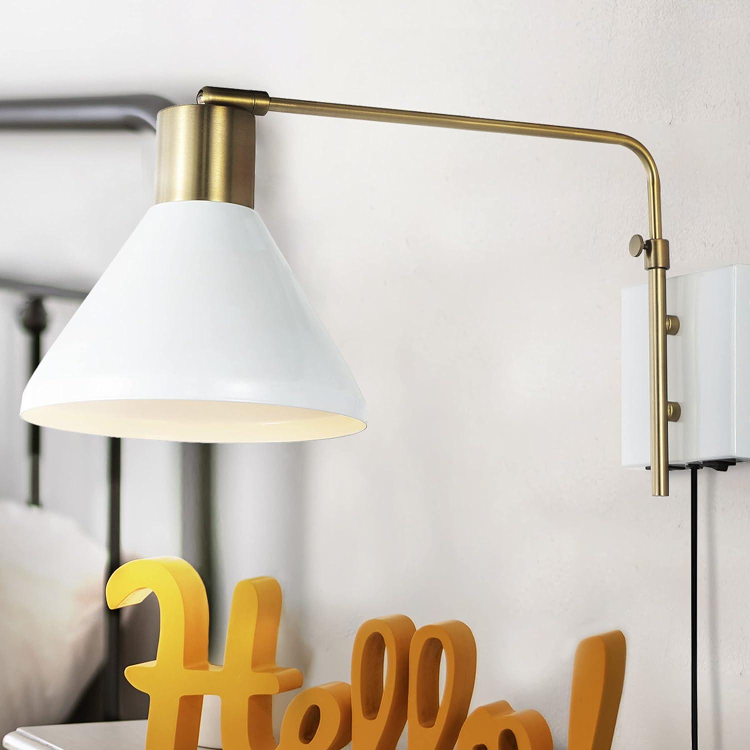 Max 20.5" Swing Arm 1-Light Modern Midcentury Iron USB Charging Port LED Sconce, White/Brass Gold