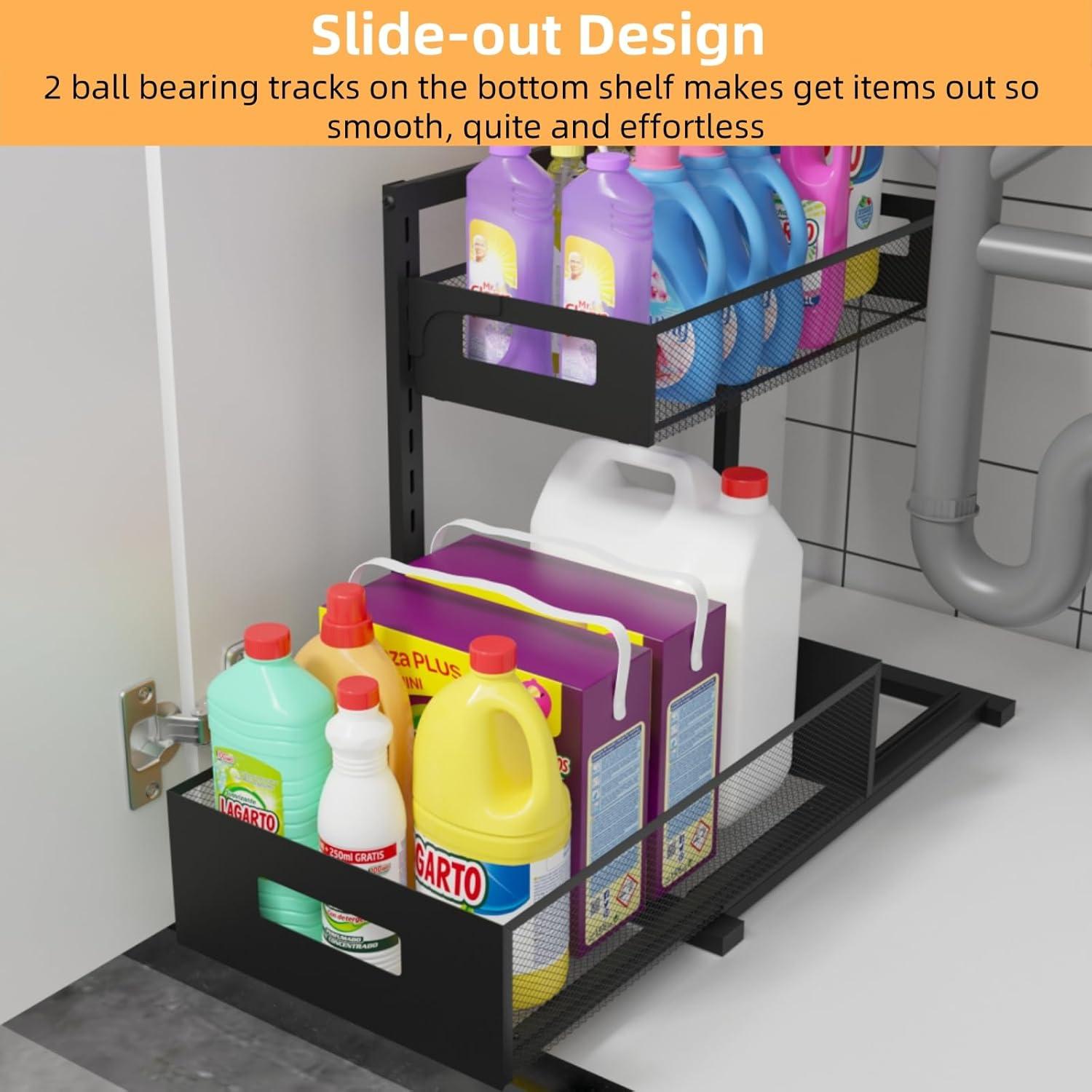 2-Tier Metal Under Sink Organizer, Pull Out Smoothly Under Kitchen Sink Organizer with Track, Large Capacity Heavy Load Under Sink Storage for Kitchen and Bathroom