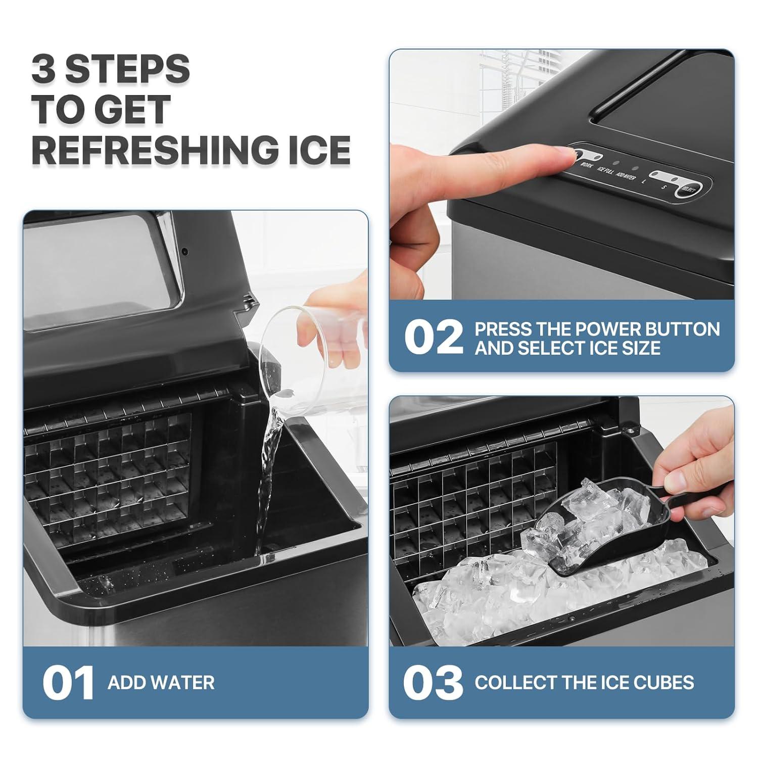 mollie Ice Maker Countertop Portable - 33Lbs/Day 3-Size Cube Shape Ice, 20-Minute 32 Cubes with Digital Timer, Stainless Steel Self-Cleaning Machine for Home Kitchen Office Bar, Black