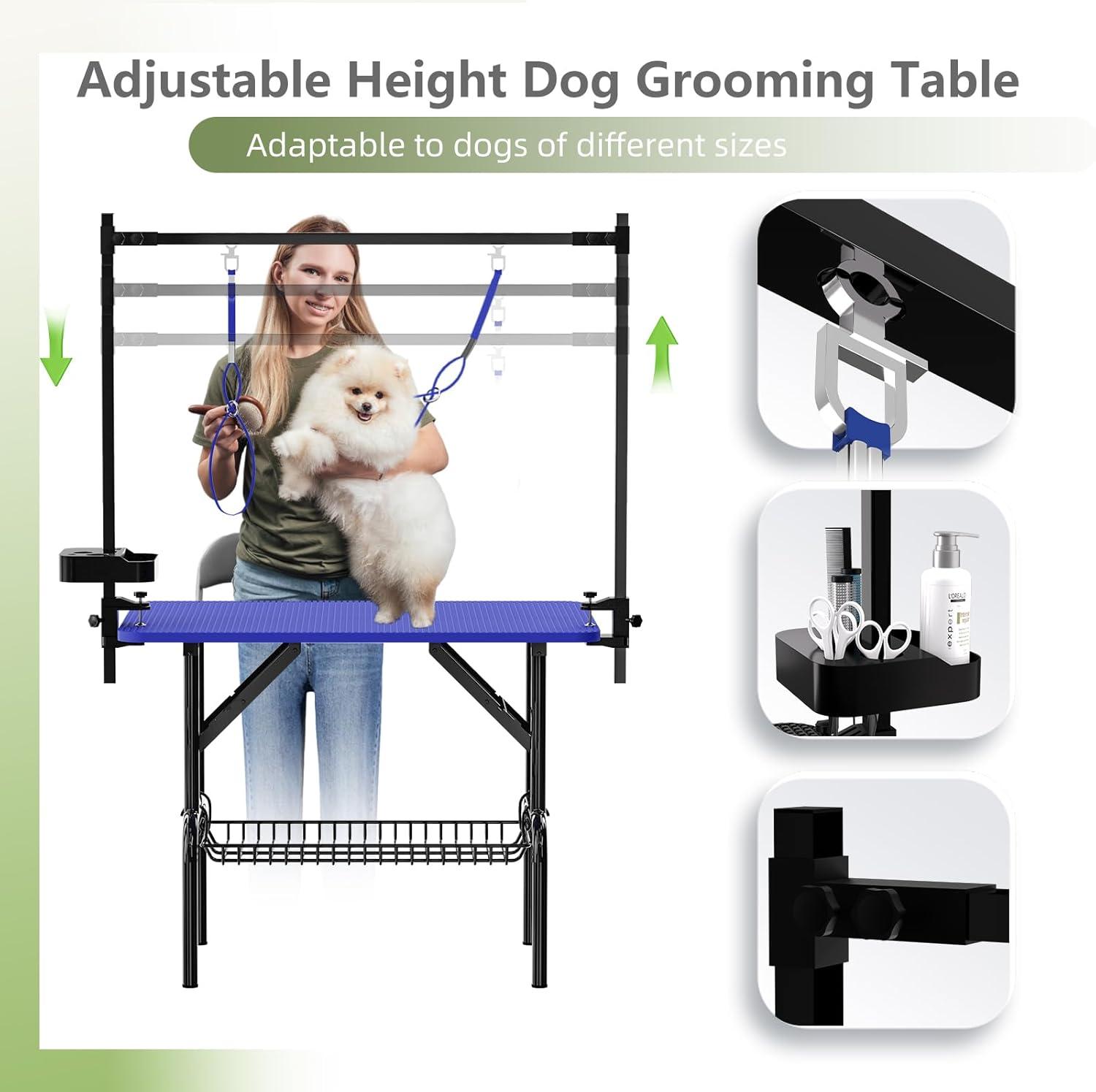 36'' Blue Foldable Dog Grooming Table with Iron Frame and Mesh Tray