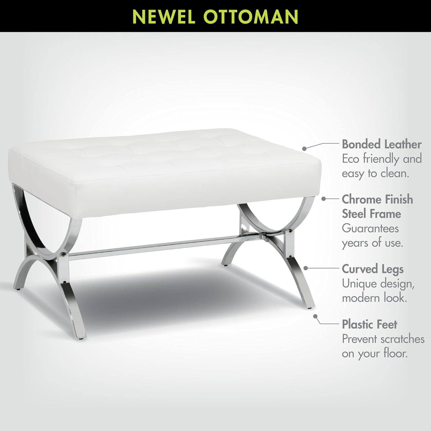 studio designs Newel Modern Square Ottoman Blended Leather and Chrome Metal Frame Chrome/Black: 18" High, Rectangular, Steel Base