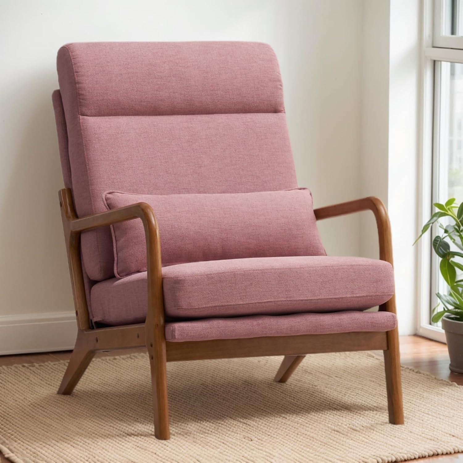 Accent Chair Mid-Century Modern Chair with High Back, Upholstered Lounge Arm Chair with Wood Frame and Soft Cushion for Living Room Bedroom Reading Balcony, Pink