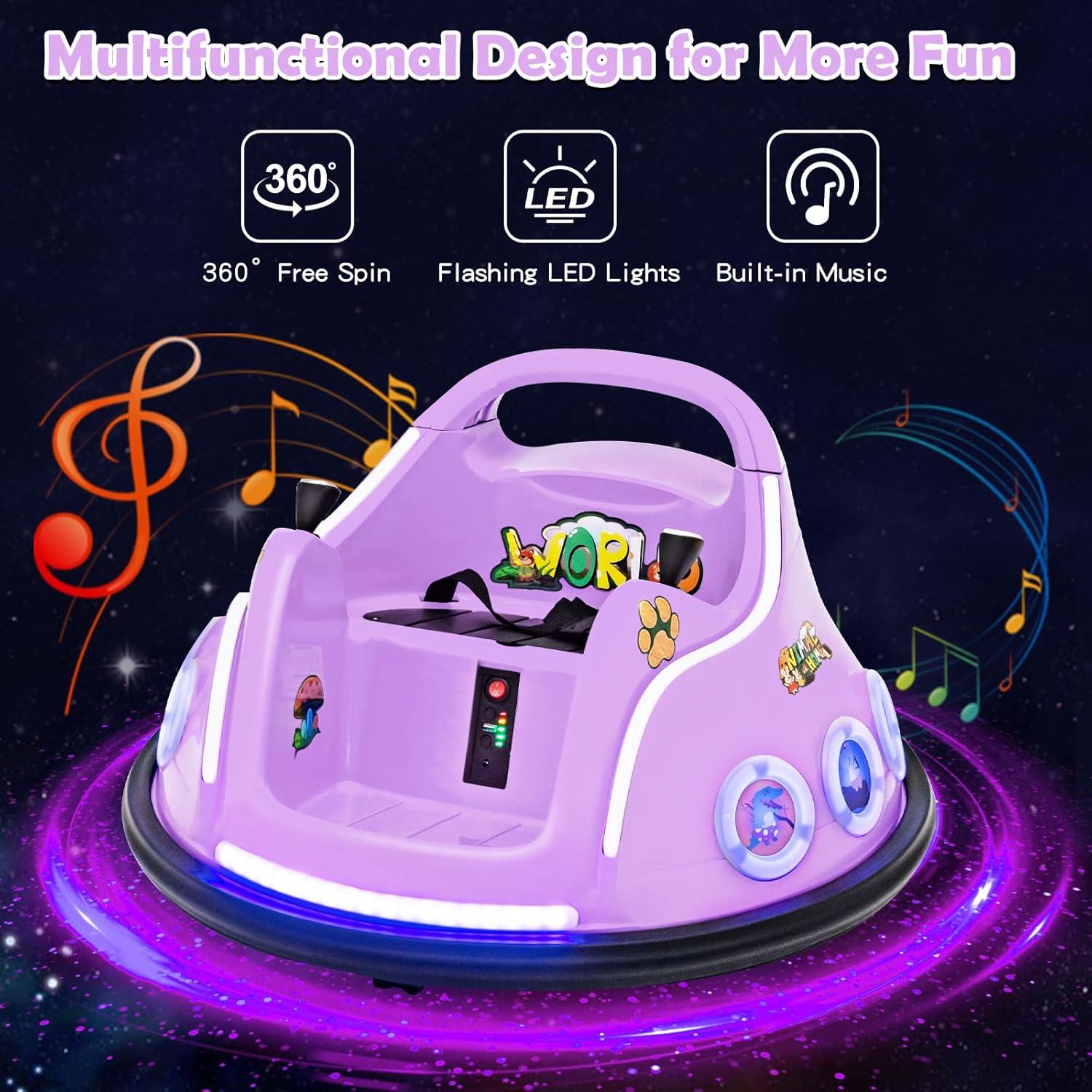 Costway 12V Kids Ride on Bumper Car Remote Control w/ Flashing LED Light & Music Purple