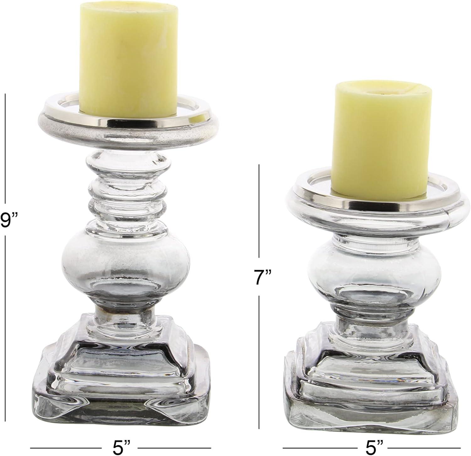 DecMode 2 Candle Silver Glass Handmade Turned Style Pillar Candle Holder, Set of 2