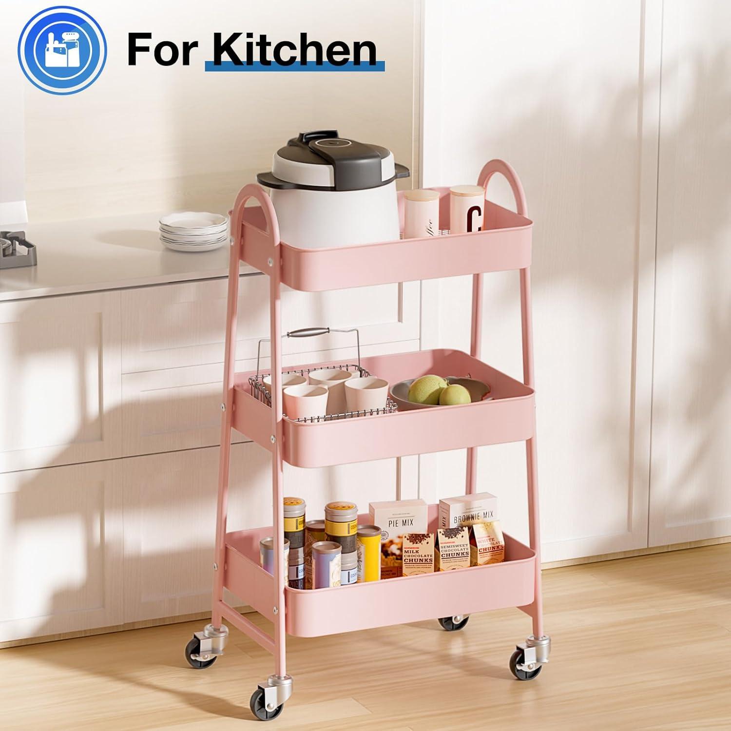 Green Metal 3-Tier Rolling Utility Cart with Lockable Wheels