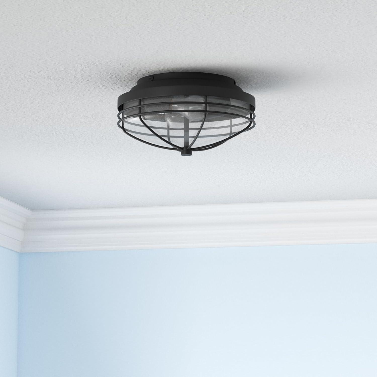 Golden Lighting Seaport 2-Light Outdoor Flush Mount in Natural Black with Seeded Glass