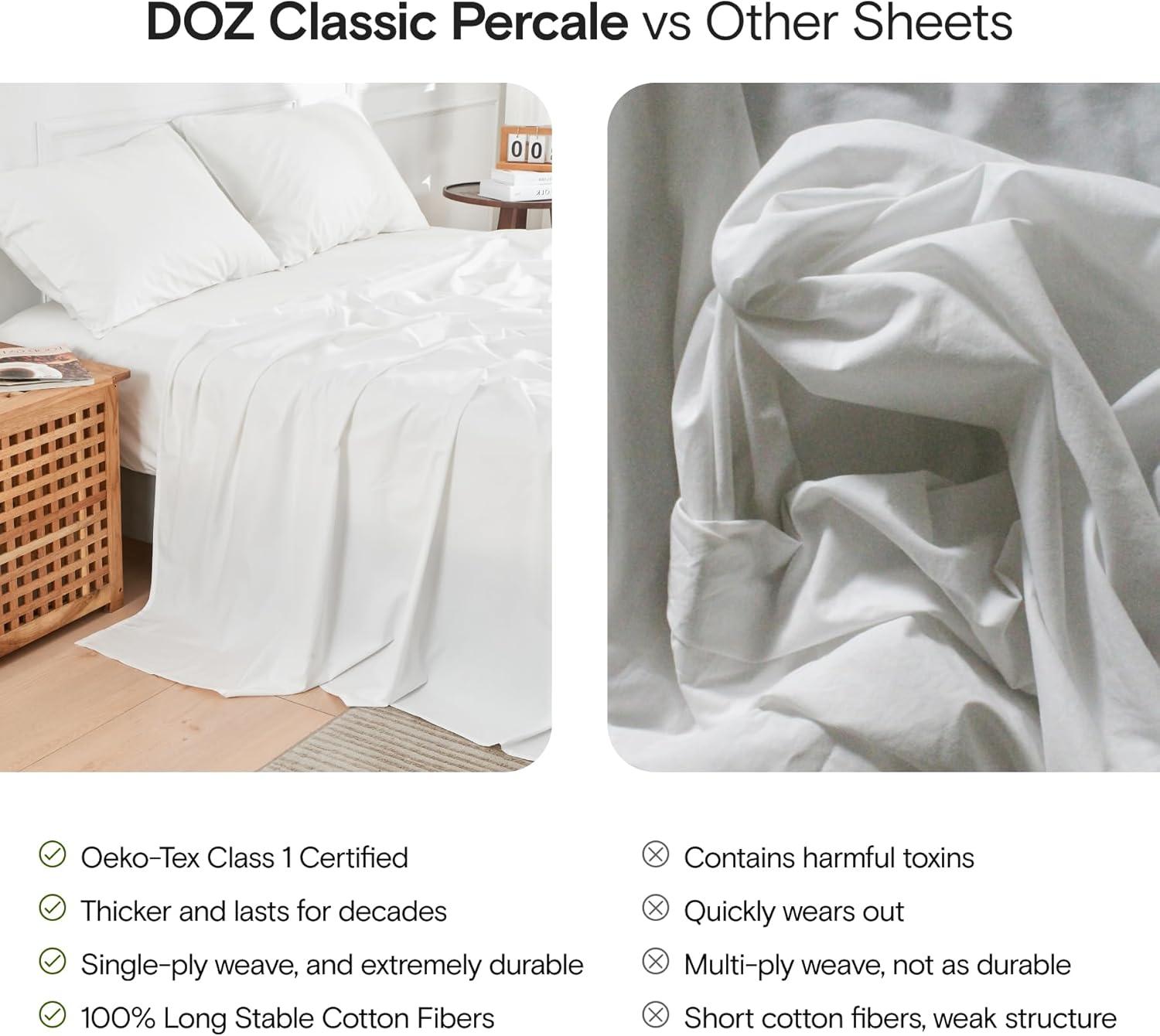 DOZ Long Staple Cotton Duvet Cover Set, Crisp Percale Weave, Breathable, Matte Finish, Durable, Hotel Comfort, 8 Loops