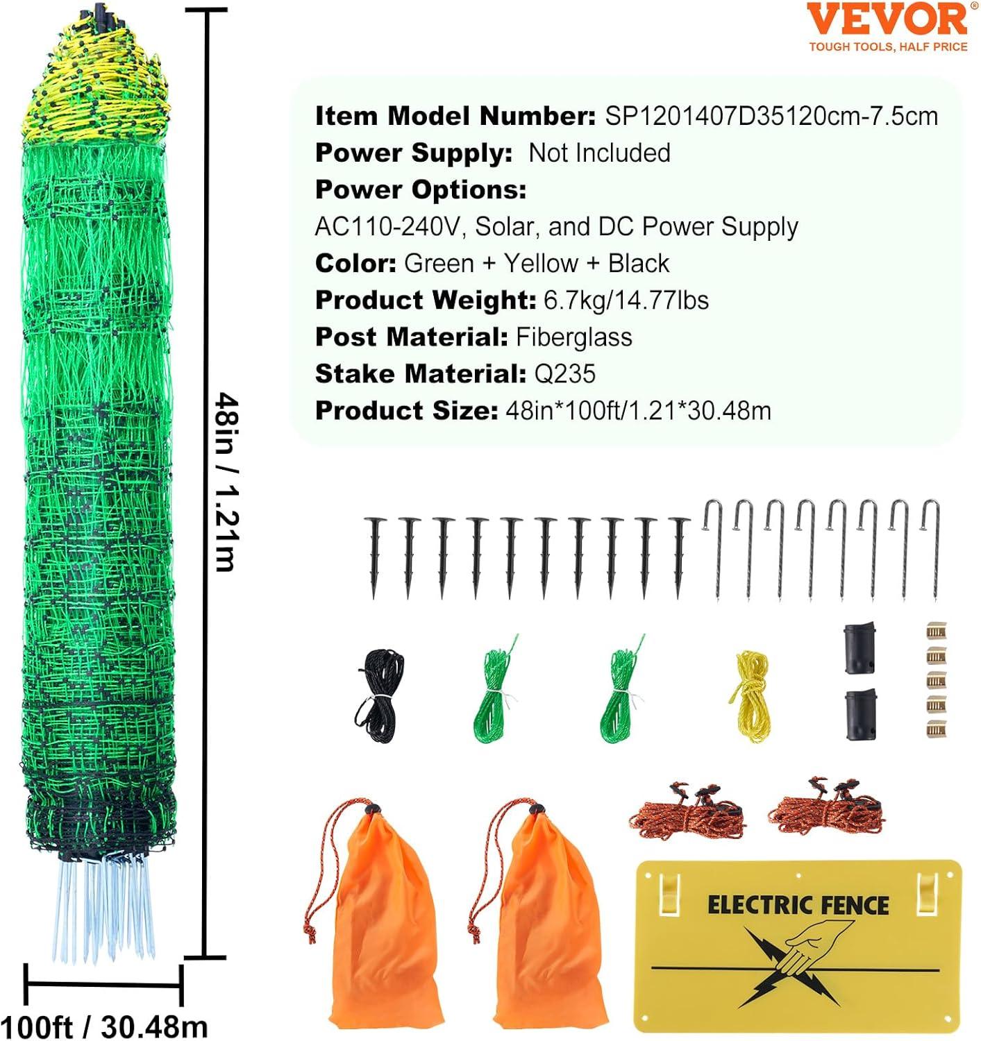VEVOR Electric Fence Netting, 48" H x 100' L, PE Net Fencing Kit with Posts & Double-Spiked Stakes, Utility Portable Mesh for Chickens, Ducks, Geese, Rabbits, Used in Backyards, Farms, and Ranches