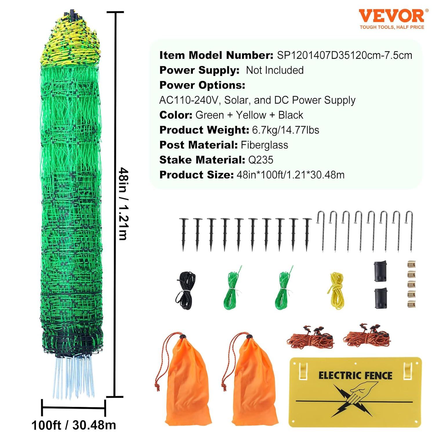 VEVOR Electric Fence Netting, 48" H x 100' L, PE Net Fencing Kit with Posts & Double-Spiked Stakes, Utility Portable Mesh for Chickens, Ducks, Geese, Rabbits, Used in Backyards, Farms, and Ranches