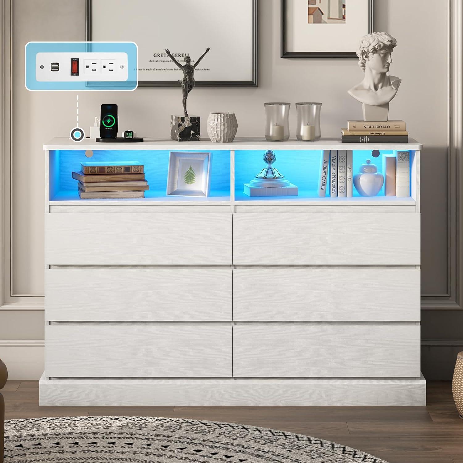 White Mid-Century Modern 6-Drawer Dresser with LED Lights and Charging Station