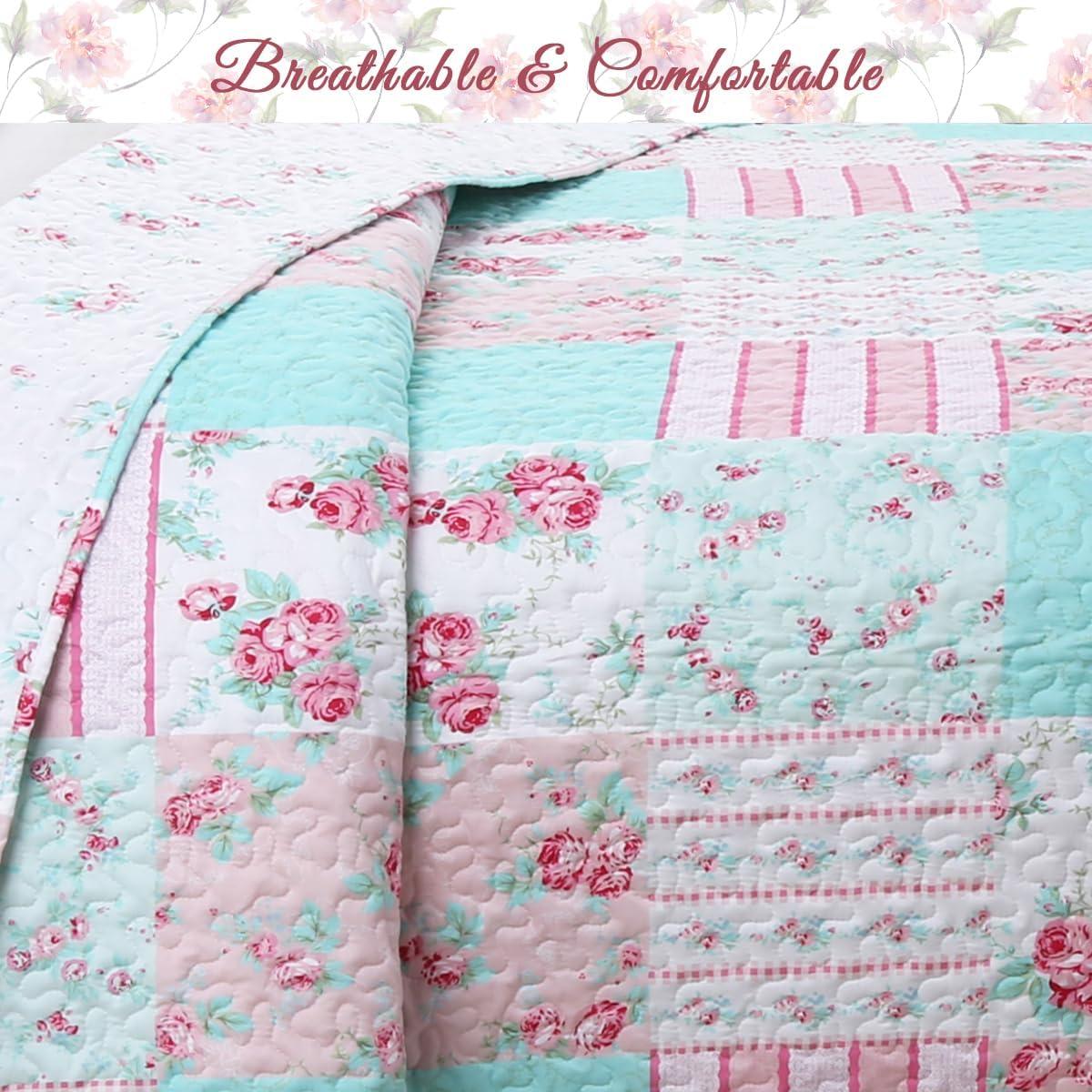 Pink and Turquoise Floral Reversible Twin Microfiber Quilt Set