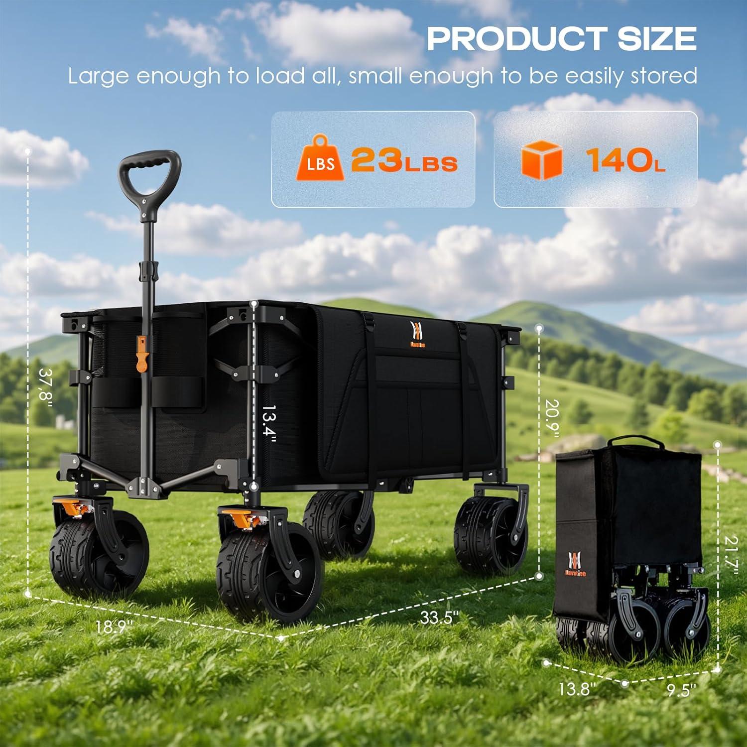 140L Collapsible Wagon Cart Foldable, Folding Utility Grocery Cart with Side Pocket and Brakes for Shopping, Sports, Camping and Garden, Black