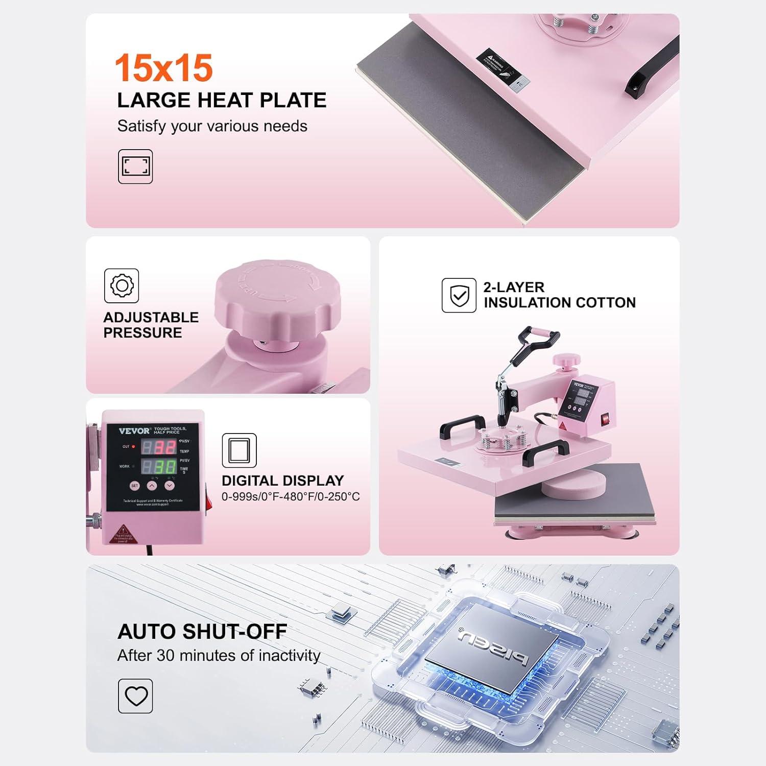 Pink 15x15 Inch 5-in-1 Heat Press Machine with Tumbler Attachments