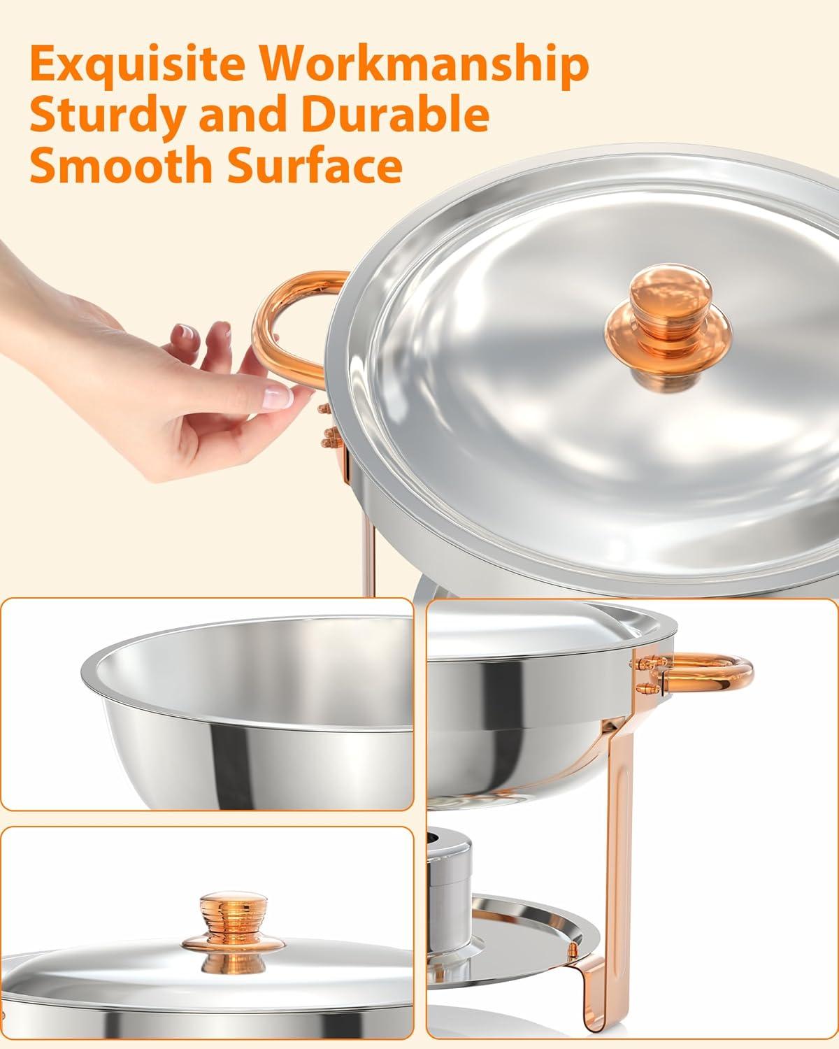 5QT round chafing dish buffet set (2-pack) in Rose Gold, NSF-certified stainless steel with lid, spoon, and tweezer, ideal for catering and events.