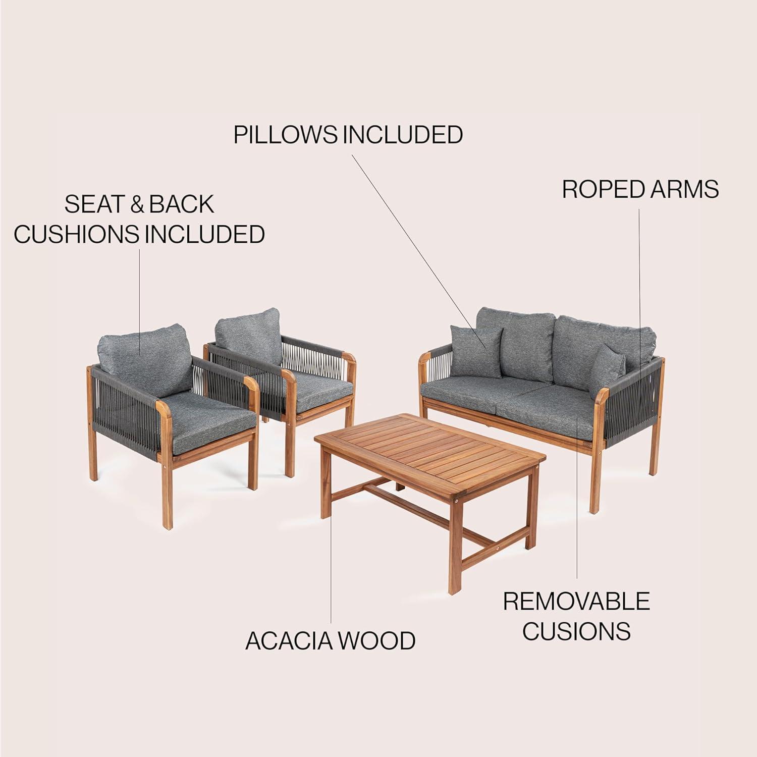 Tavira 4-Piece Modern Bohemian Acacia Wood Outdoor Patio Set with Cushions and Plain Decorative Pillows - JONATHAN Y