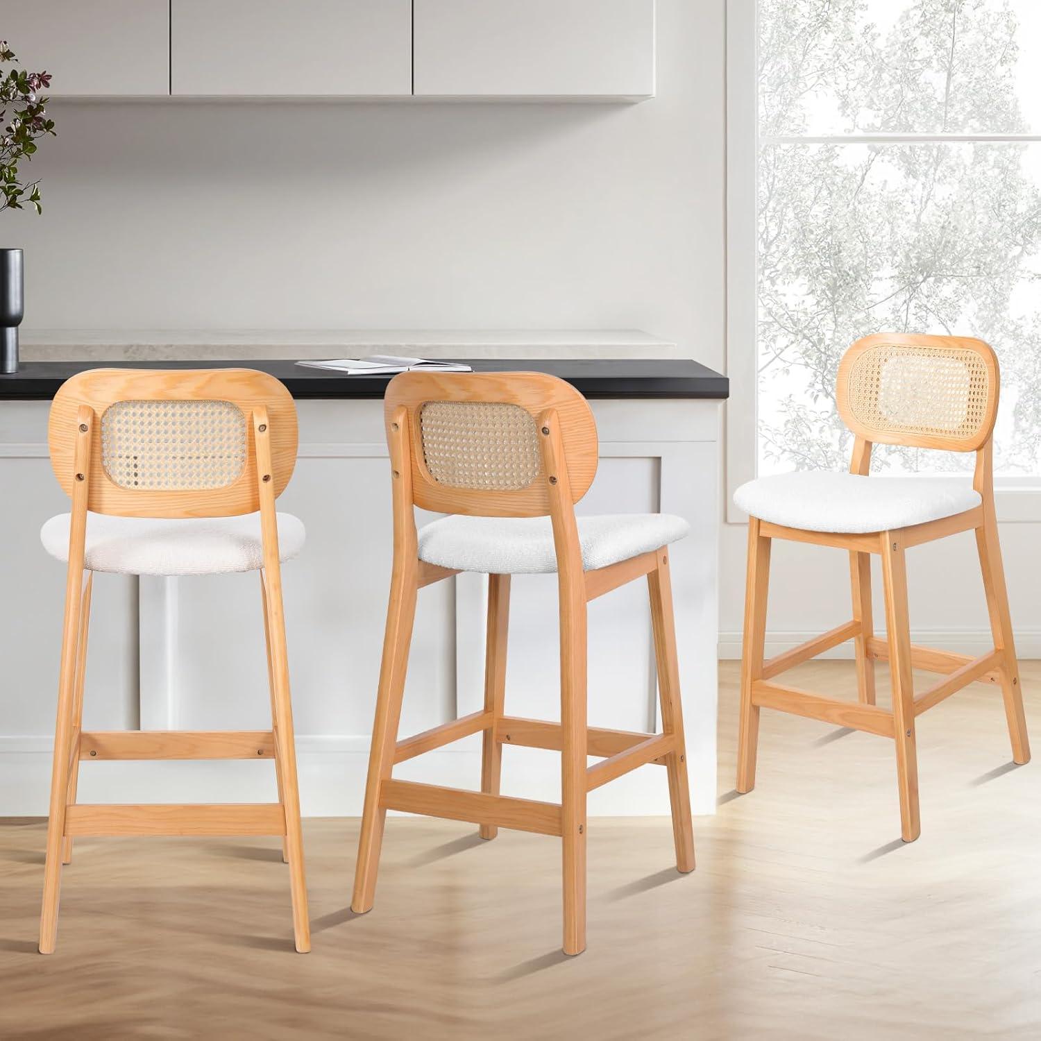 Lucky Monet 25.2" Upholstered Wood Counter Height Bar Stools w/ Rattan Back - 36.81"H x 17.72"W x 18.7"D Set of 3 - White Boucle Fabric/ Natural Frame