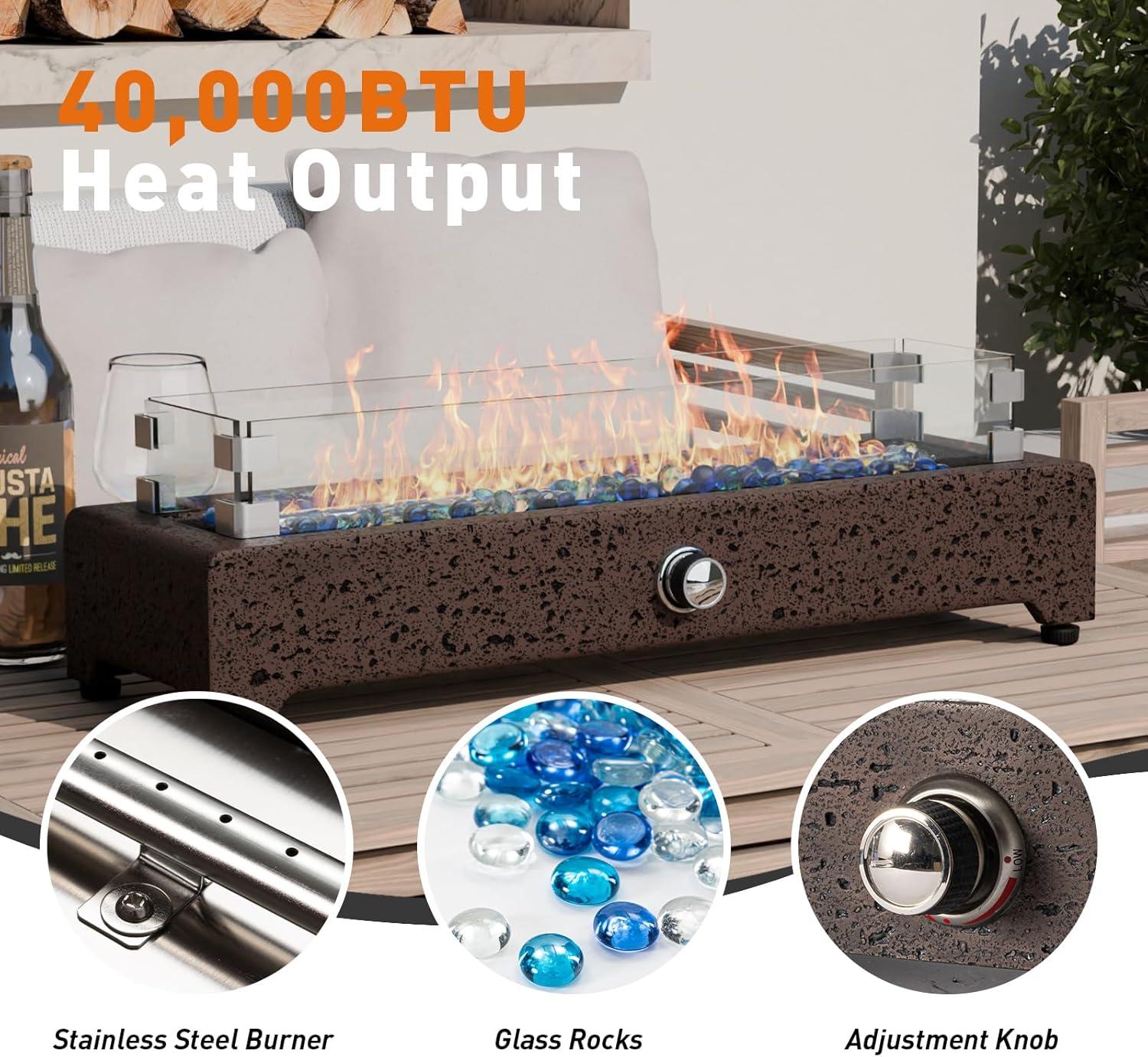 COSIEST 28" Tabletop Fire Pit, CSA Certified Outdoor Propane Fire Pit Table w Magnesium Oxide Rectangle Base, 40,000 BTU Stainless Steel Burner, Glass Rocks, Glass Wind Guard, Fits 20lb Tank Outside