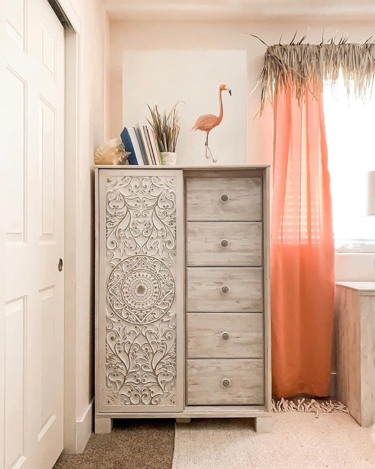 Paxberry Dressing Chest White Wash - Signature Design by Ashley: Boho-Chic 5-Drawer Storage, Carved Sliding Door