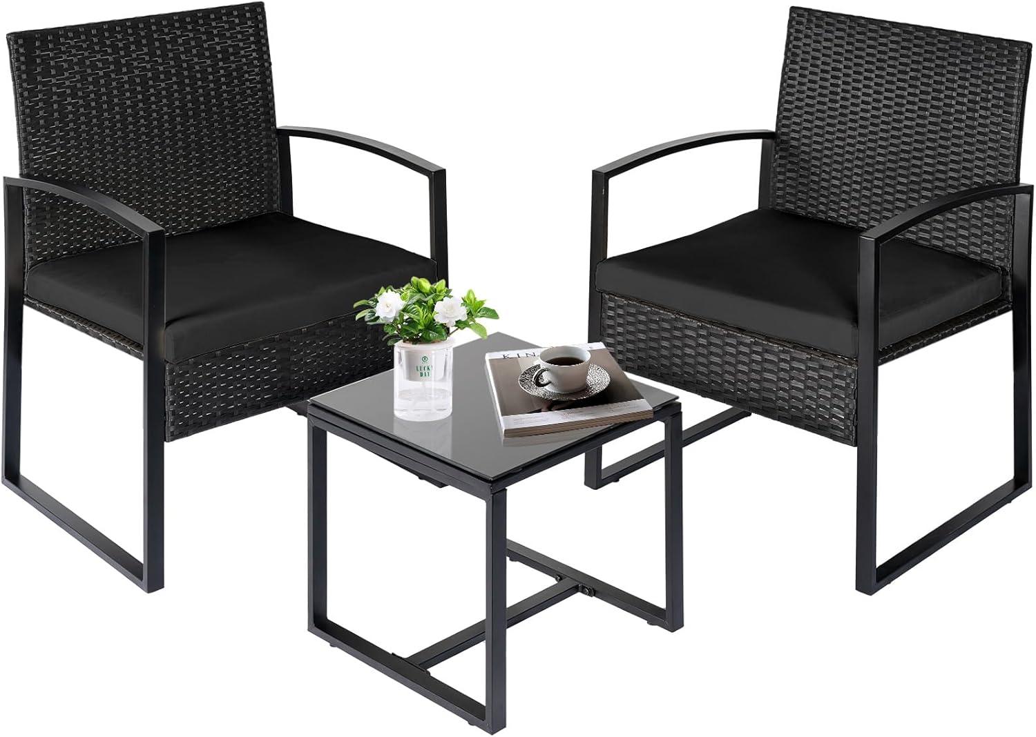 Homall 3-Piece Casual Bistro Set with Wicker Chairs and Coffee Table for Patio Furniture, Black