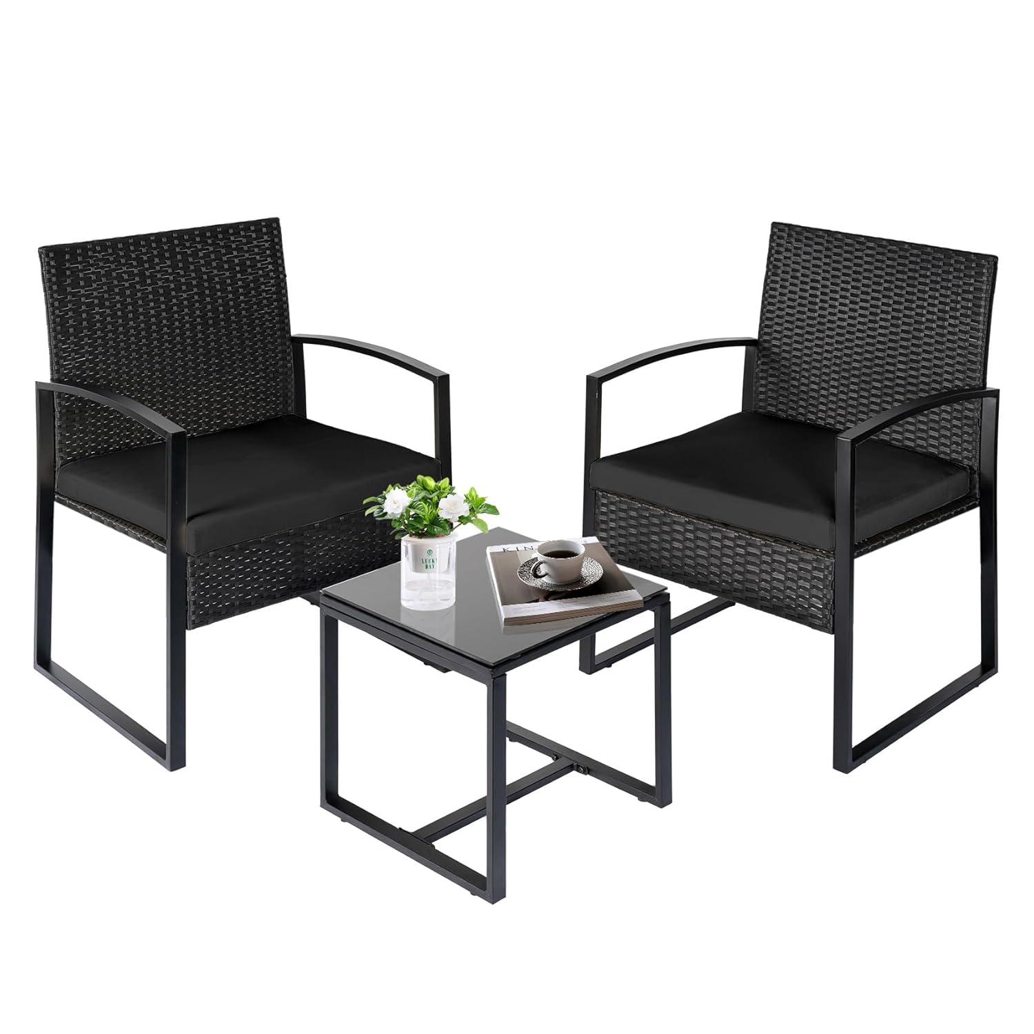Black Steel and Wicker 3-Piece Patio Bistro Set with Beige Cushions