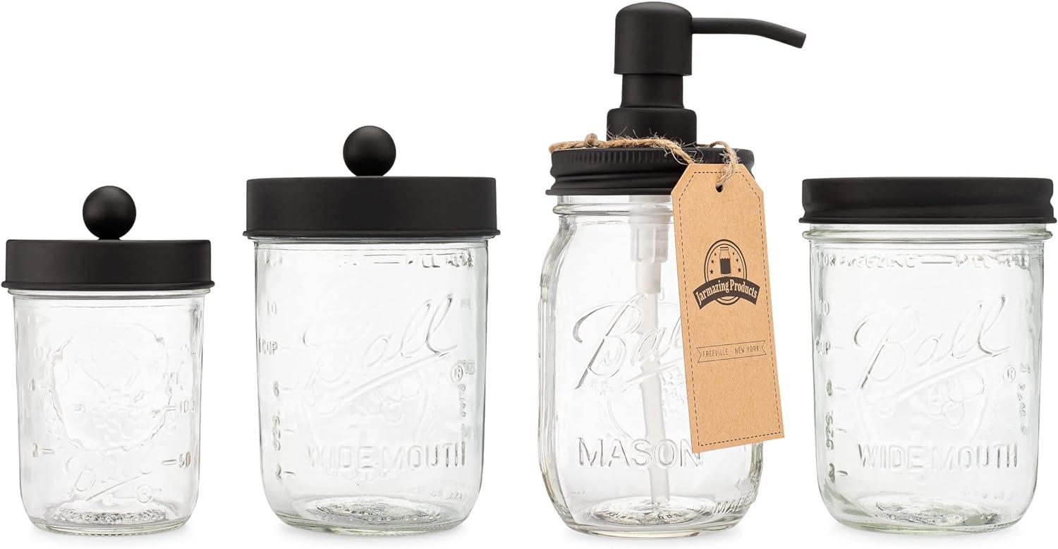 Black Glass and Metal Mason Jar Bathroom Set