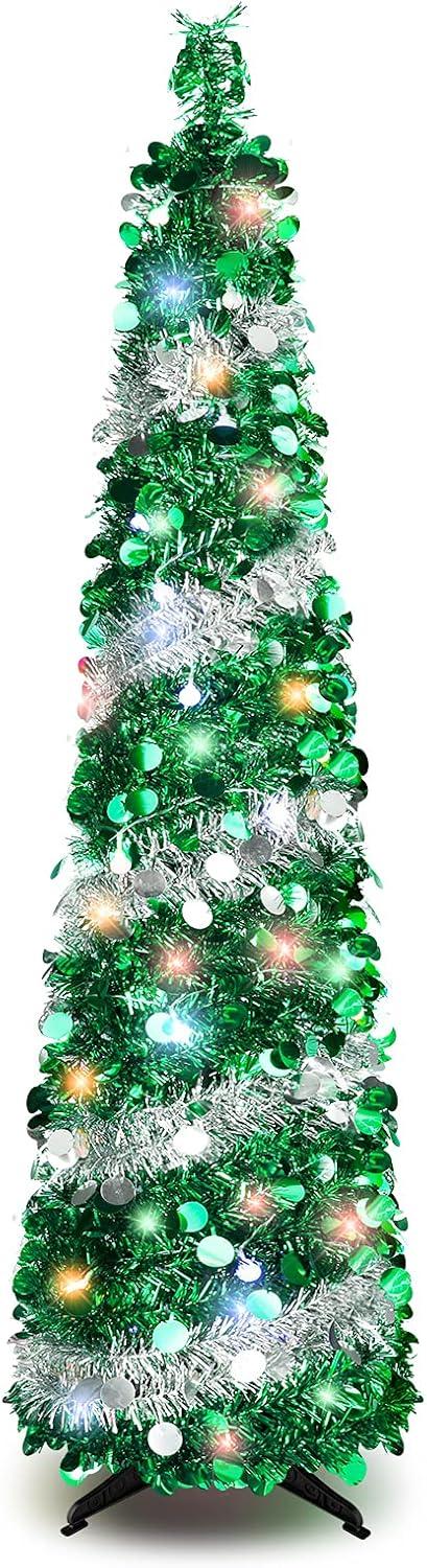 5 FT Silver Green LED Twinkling Christmas Tree with Sequin Tinsel