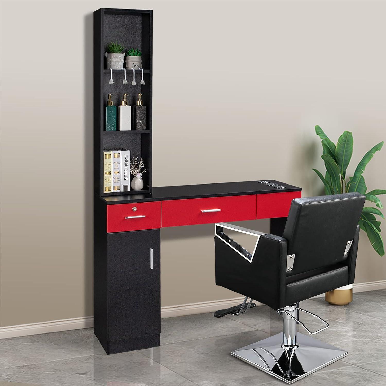 Inbox Zero Black Red Wall Mount Barber Station With 2 Drawers 1 Storage Cabinet 3 Open Shelves With Mirror