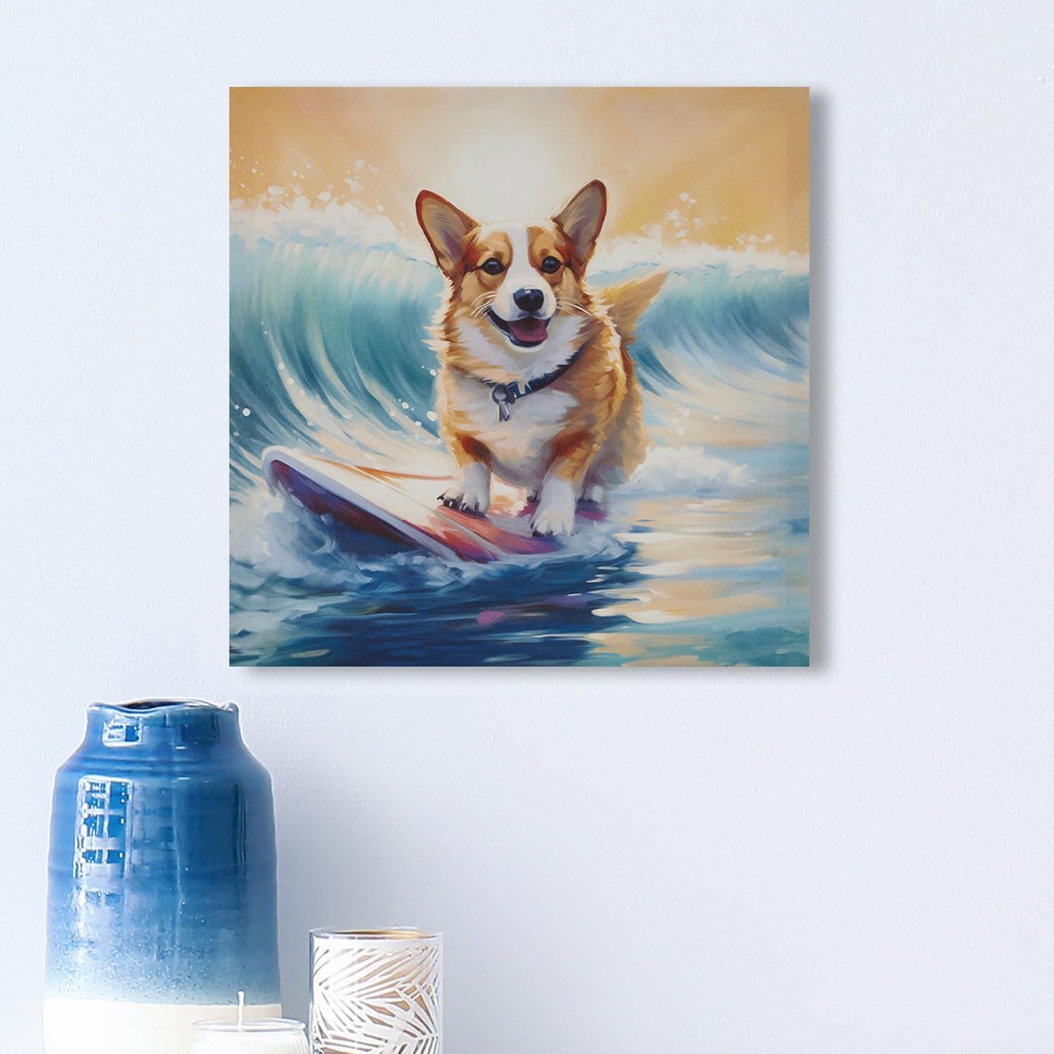 Madison Park 16"x16" Beach Playful Lively Dogs Print Canvas Wall Decor Art Corgi Blue: Farmhouse Style, Animal Theme for Living Room