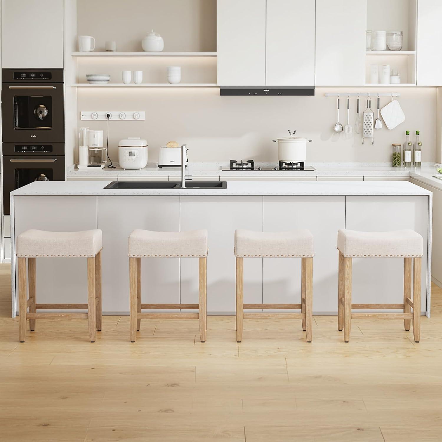 Furniliving 26" Counter Height Bar Stools, Linen Backless Saddle Seat Barstools, Set of 4,Beige