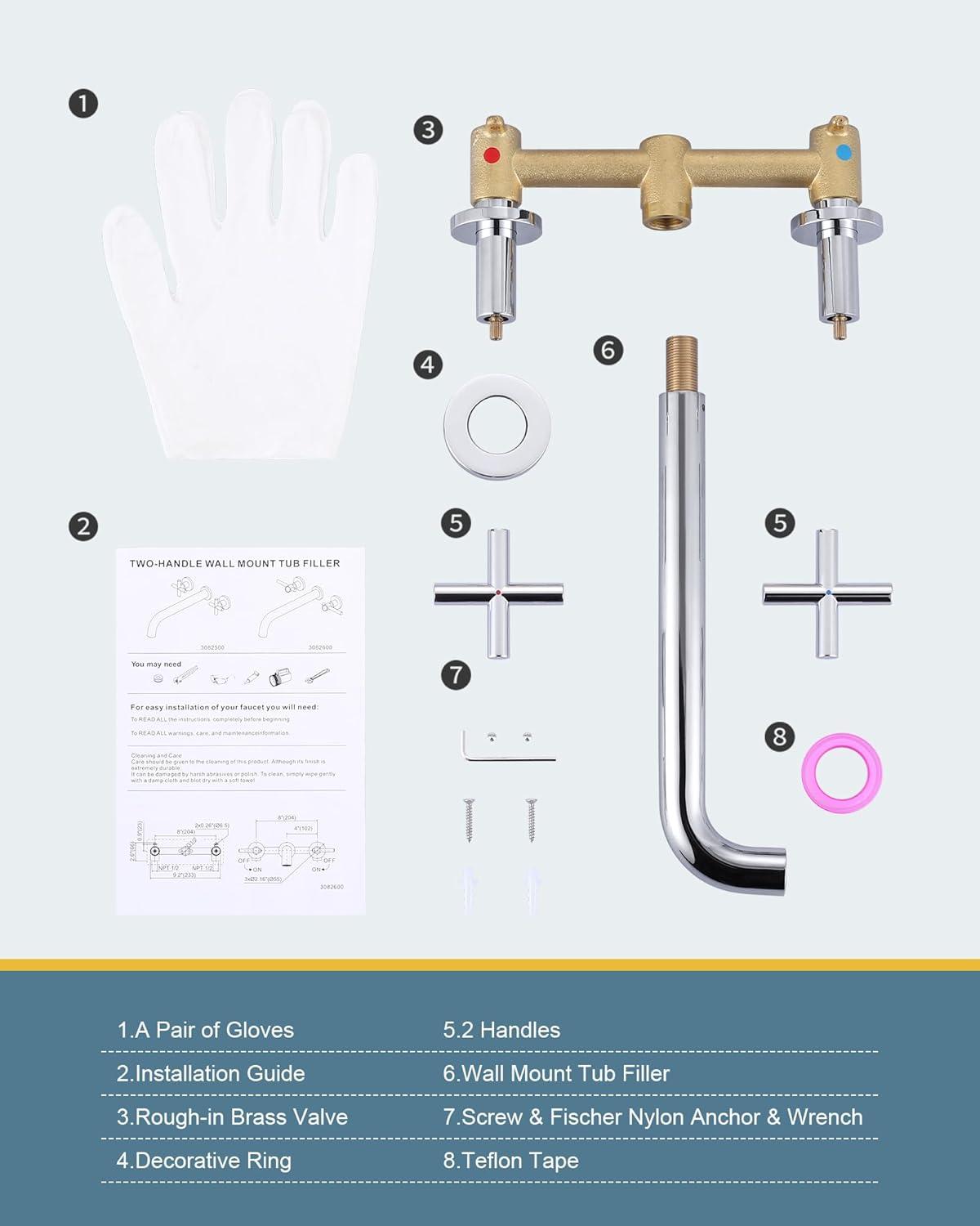 Wall Mount Tub Filler ARCORA Chrome Bathtub Faucet Long Spout Reach, 2 Cross Handles Wall Mounted Tub Faucet with Brass Rough in Valve Included