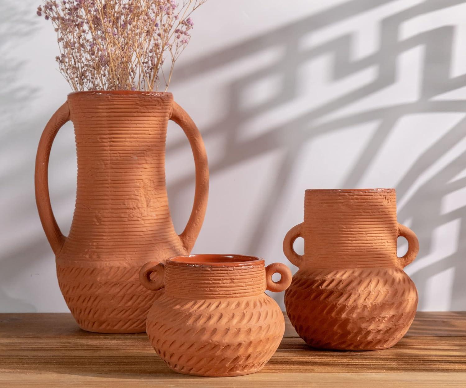 Terracotta Ceramic Vase Set with Handles for Flower Arrangements