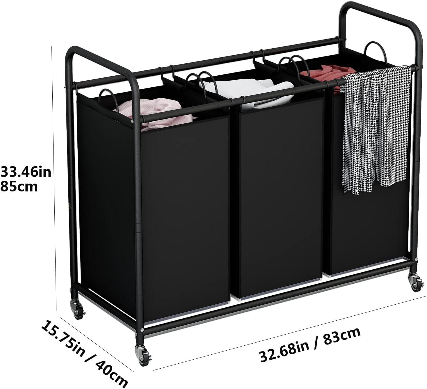 3-Bag Laundry Basket Hamper Laundry Sorter Cart laundry room organization with Heavy Duty Rolling Lockable Wheels and Removable Bags (Black)