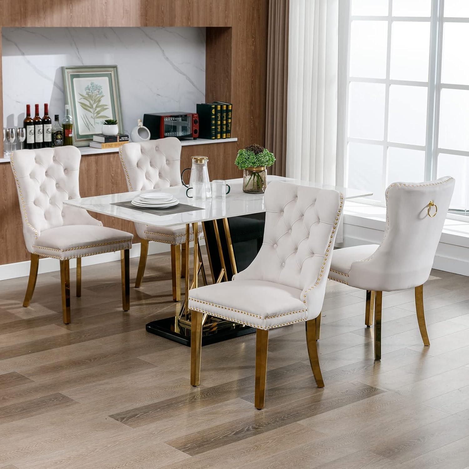 ODUSE-DAILY Beige Velvet Dining Chairs Set of 4, Kitchen & Dining Room Chairs, Tufted Dining Chairs, FabricUpholstered, Solid Wood, Sillas De Comedor (Beige, 4 Pcs)