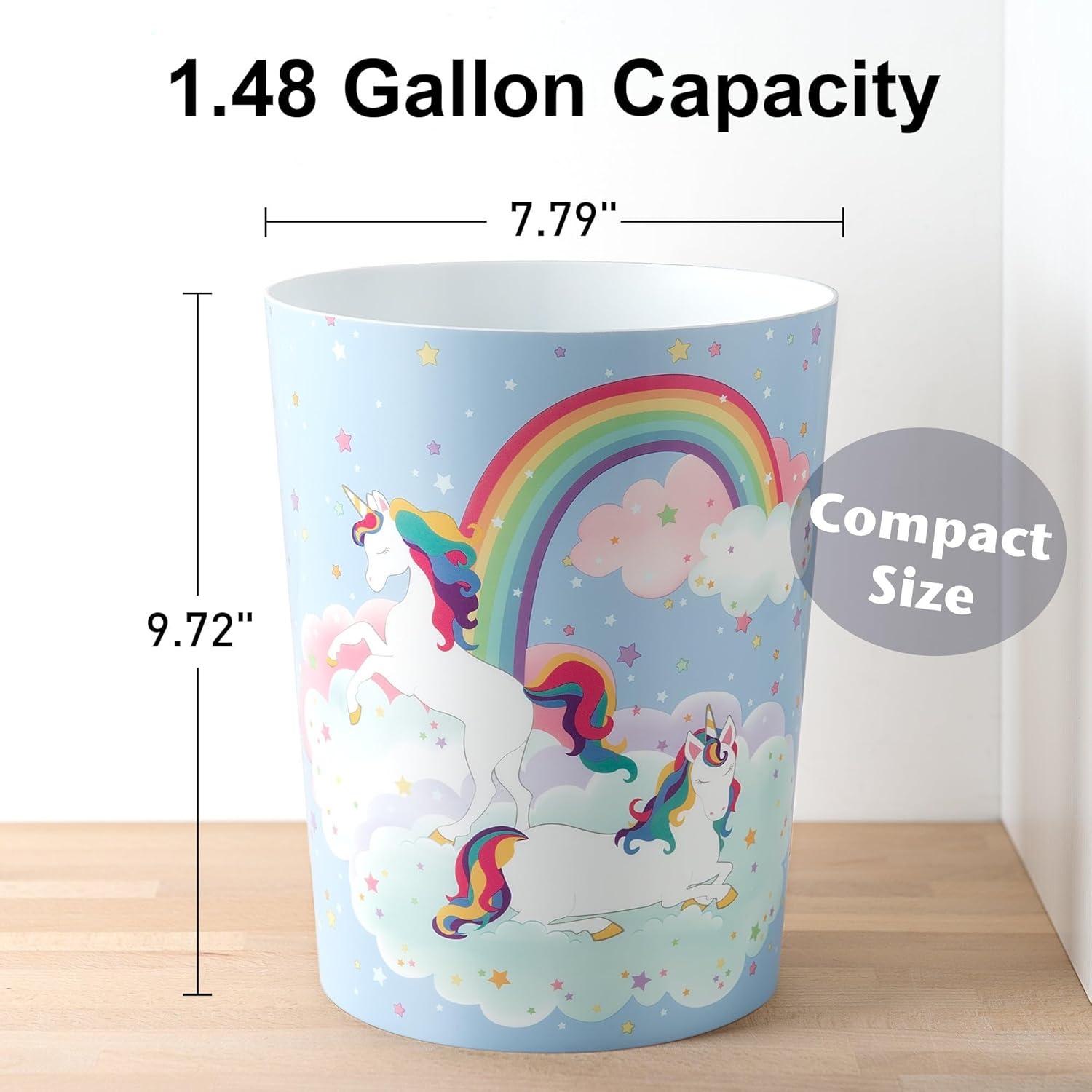 Blue Plastic Unicorn and Rainbow Kids' Wastebasket