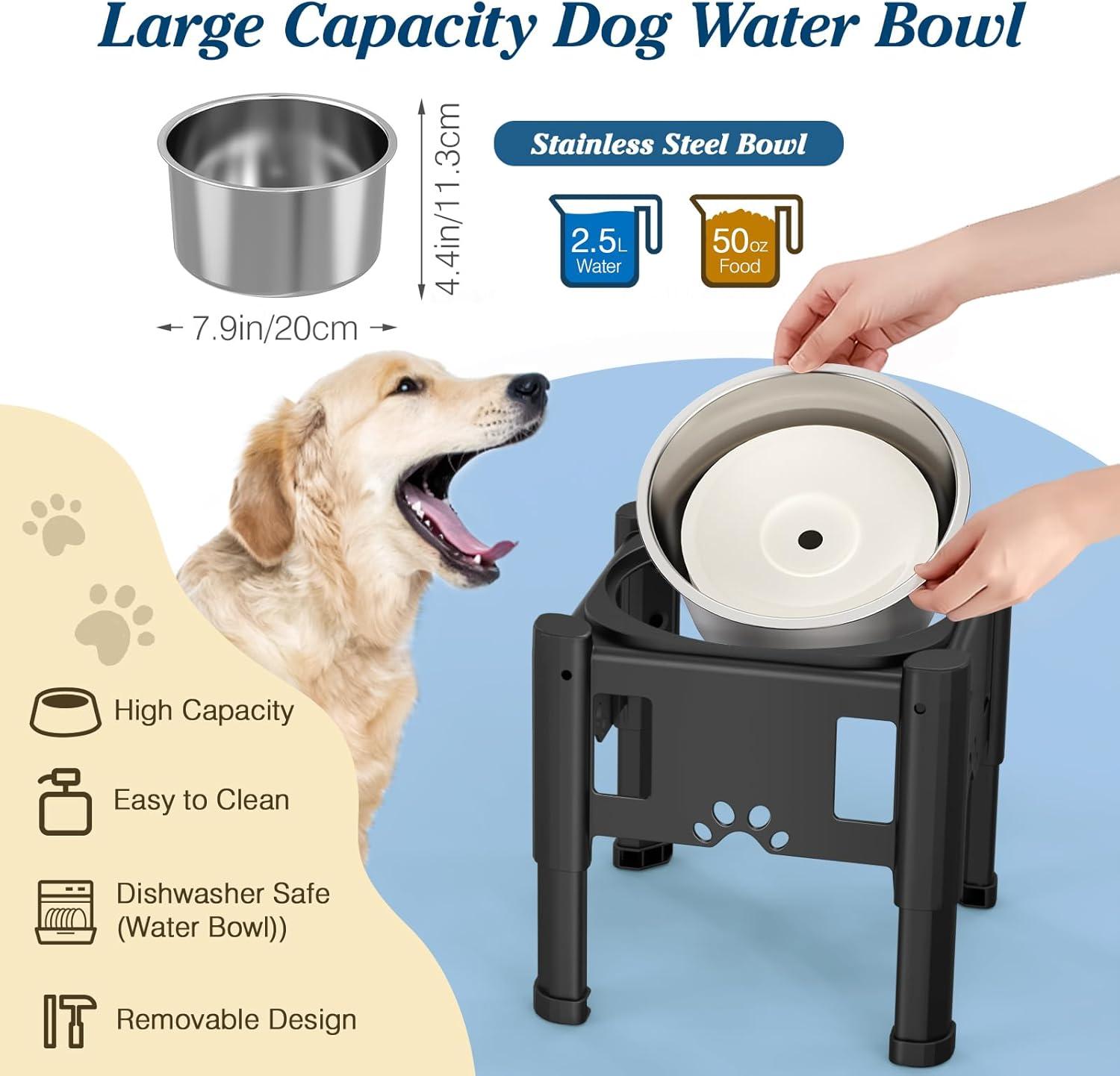 Adjustable Black Elevated Dog Water Bowl with Slow Feeder