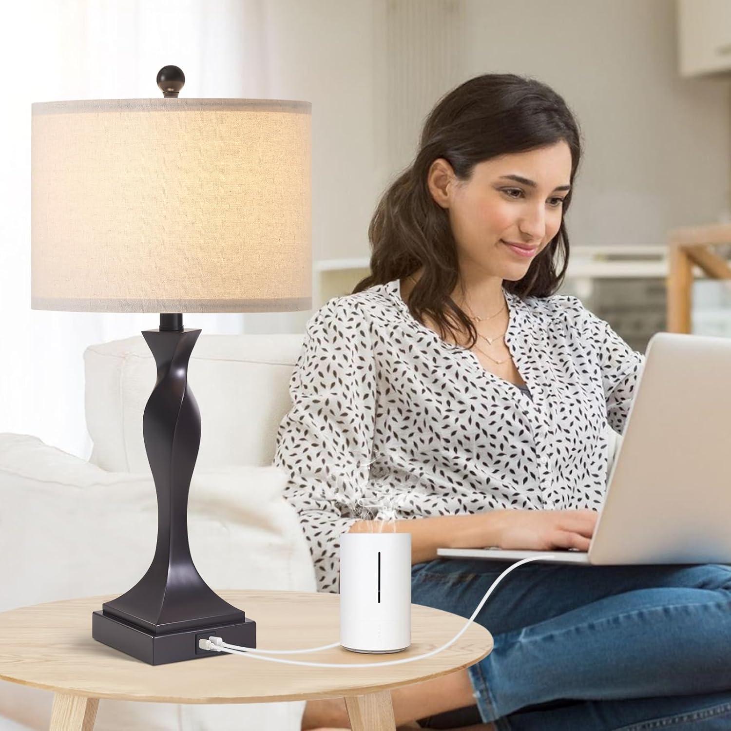 Bronze Spiral Base Table Lamp Set with USB Ports and Fabric Shades